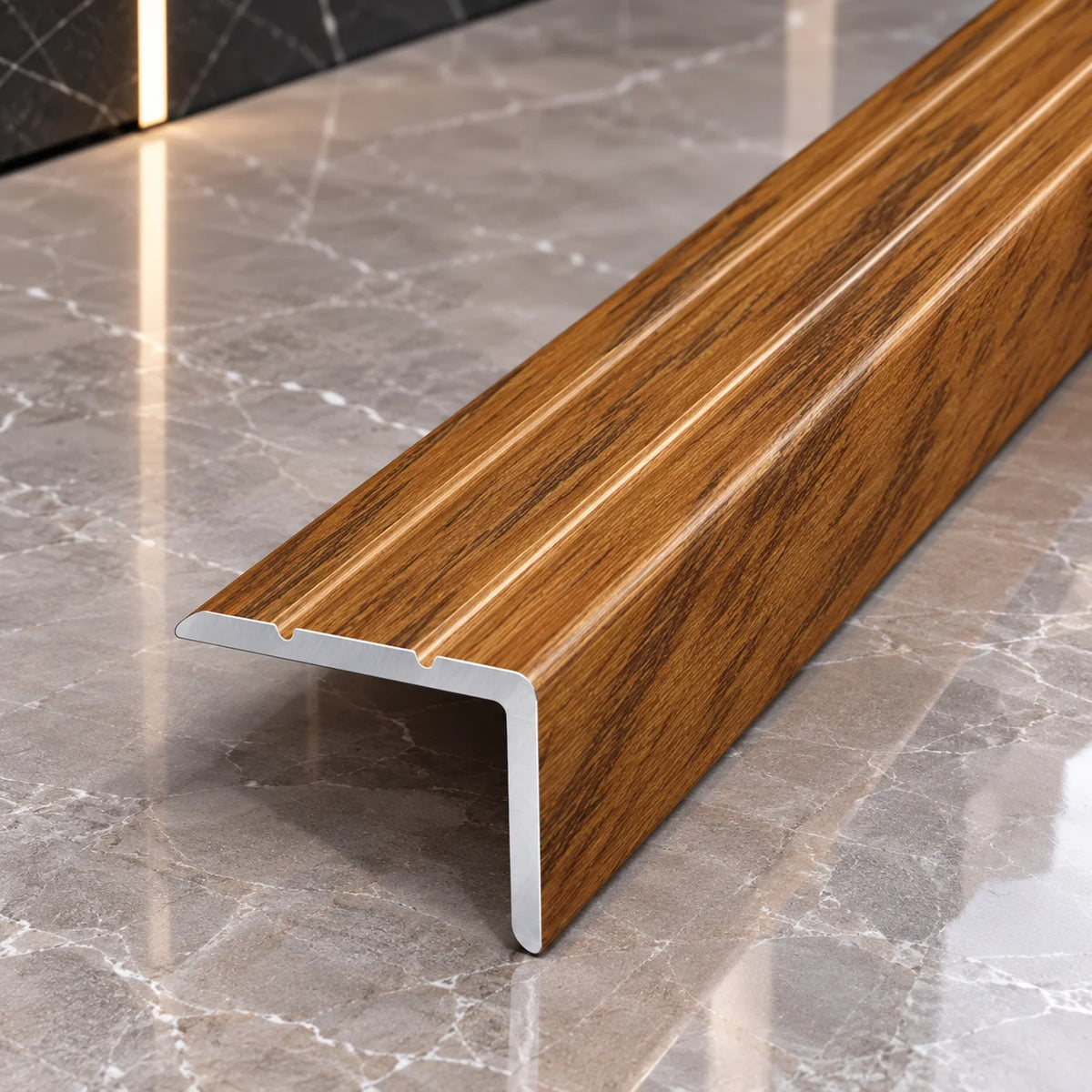 25x20mm Aluminium Stair Edge Protector with Wood Effect Finish in Chestnut Color