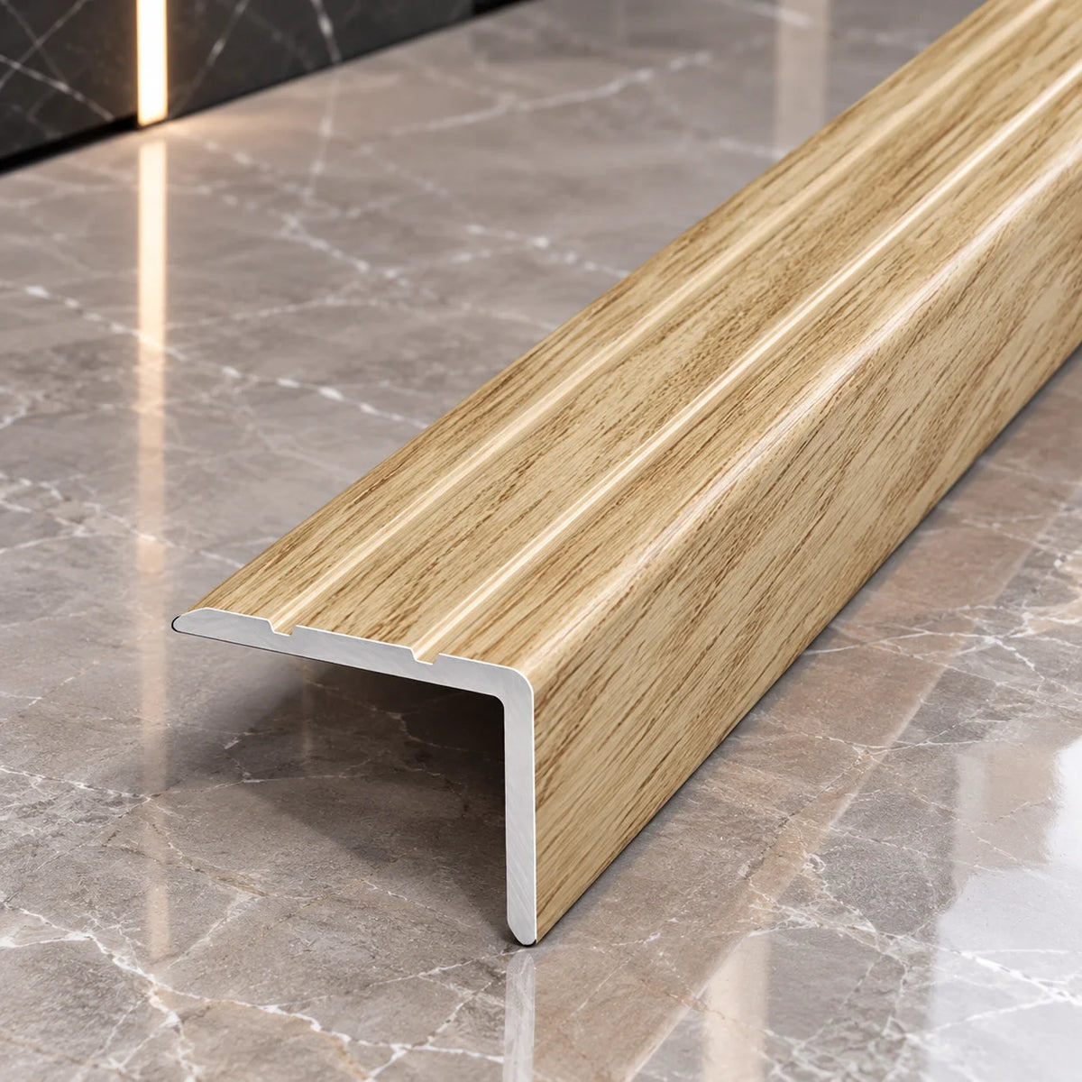 Aluminium Stair Nosing with Wood Effect Finish 25x20mm in Cognac Oak Color