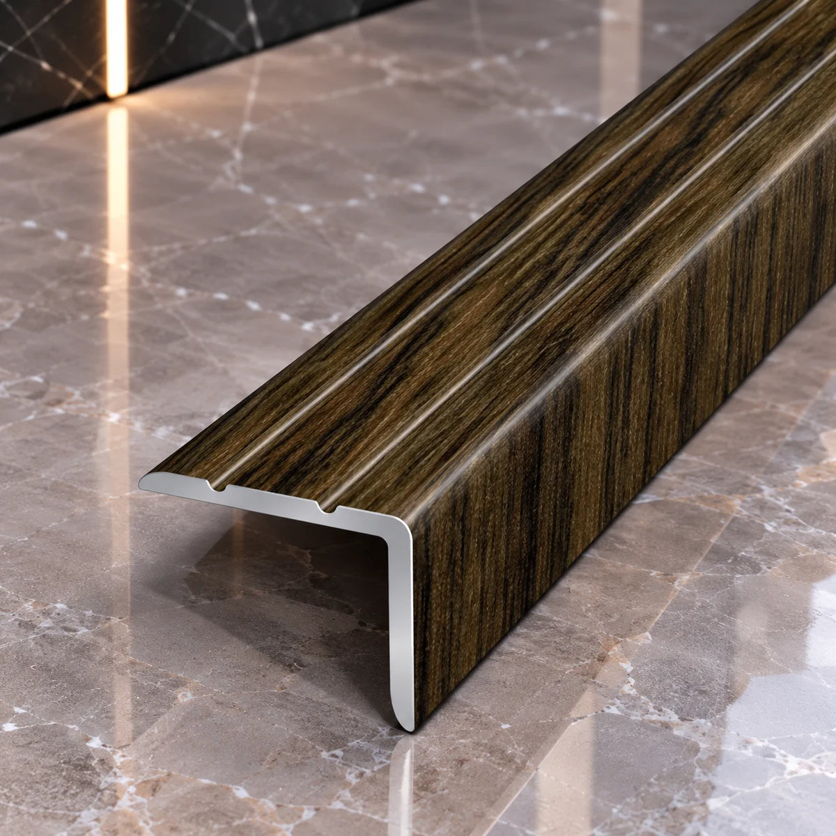 Aluminium Stair Nosing with Wood Effect Finish 25x20mm in Congo Wenge Color
