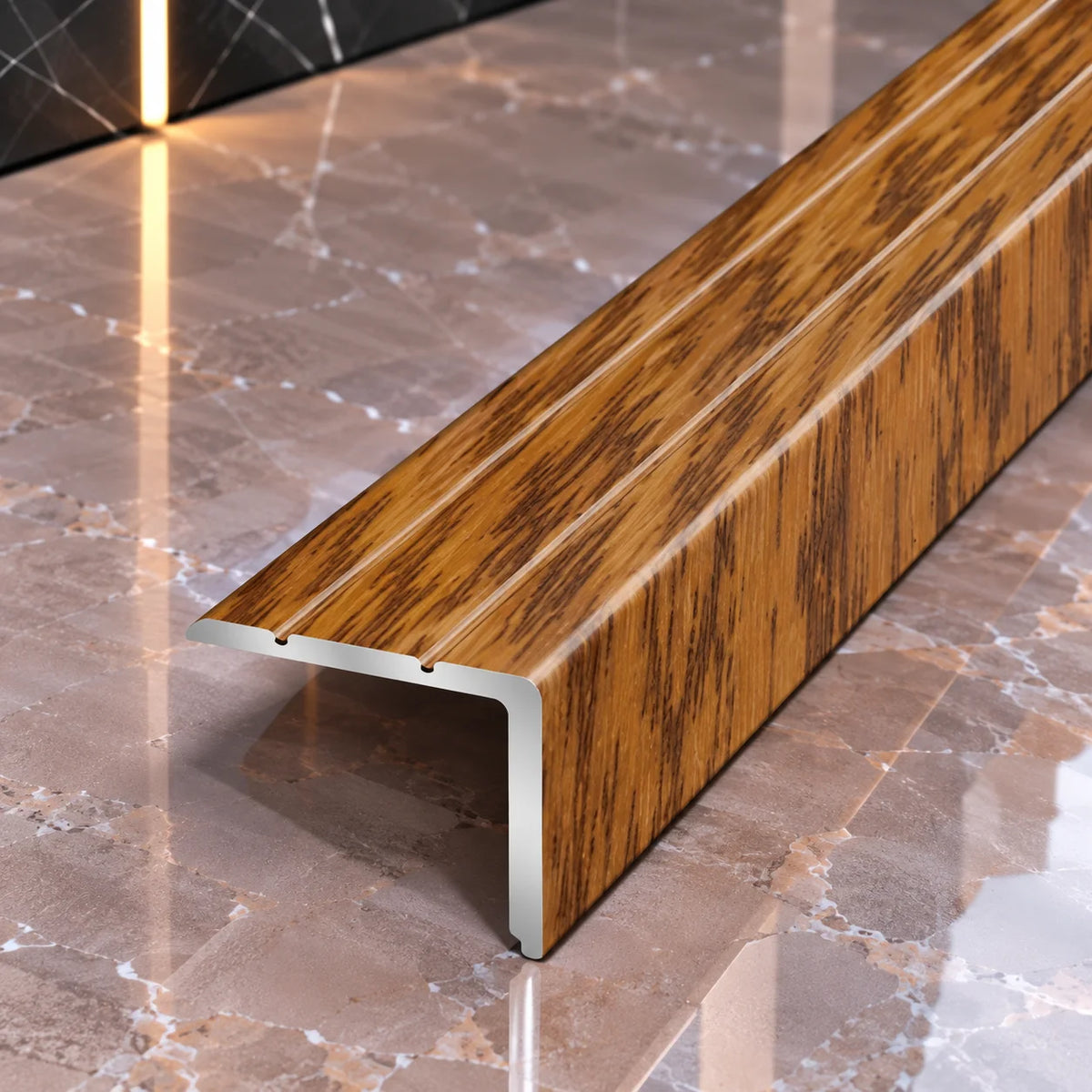 Aluminium Stair Nosing with Wood Effect Finish 25x20mm in Golden Oak Color