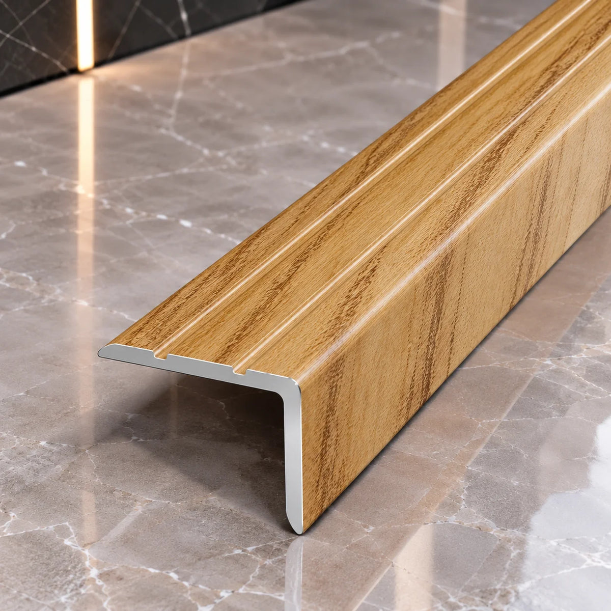 25x20mm Wood Effect Self-Adhesive Aluminium Stair Nosing in Hickory Color