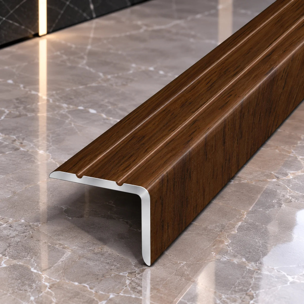 Wood Effect Aluminium Stair Nosing 25x20mm Self-Adhesive in Indian Teak Color