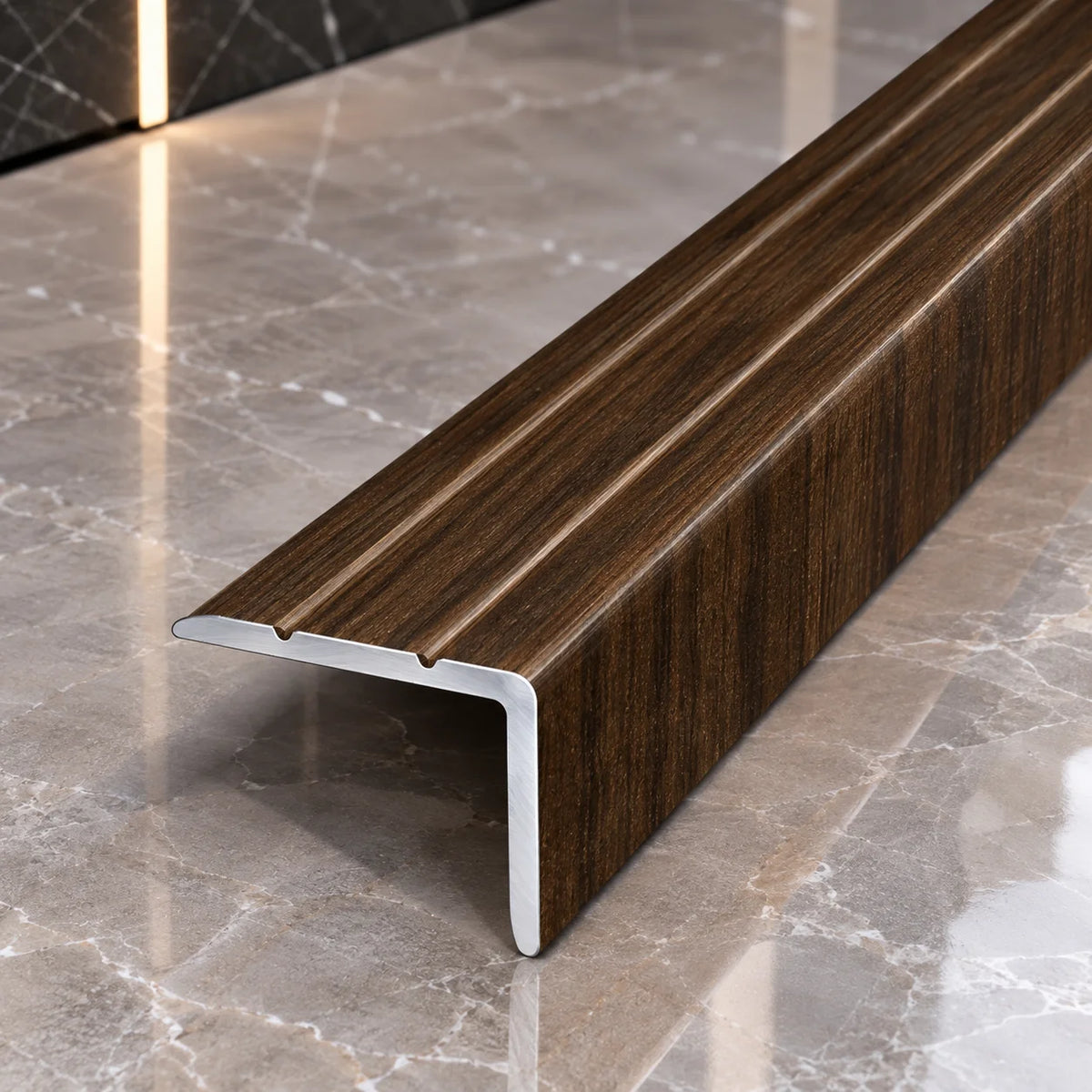 Self-Adhesive Wood Effect Aluminium Step Nosing 25x20mm in Japanese Chestnut Color