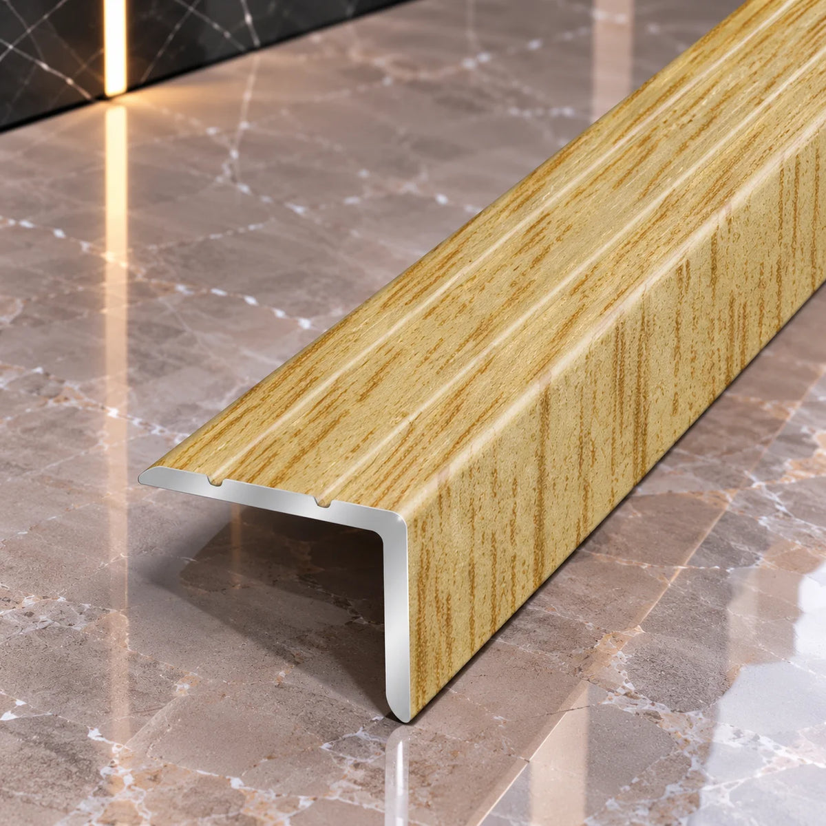 Self-Adhesive Wood Effect Aluminium Step Nosing 25x20mm in Light Oak Color