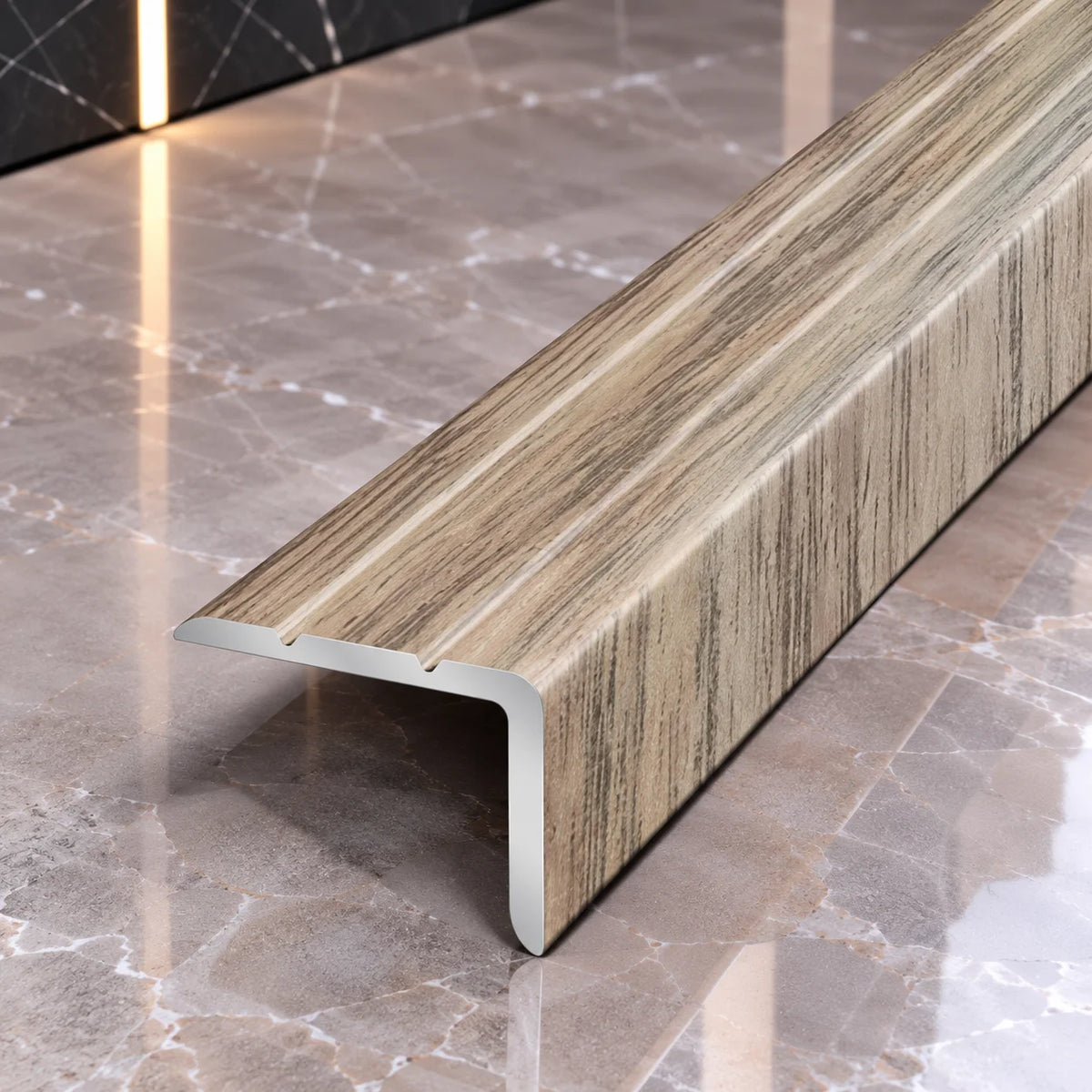 25x20mm Wood Effect Self-Adhesive Aluminium Stair Nosing in Merbau Color