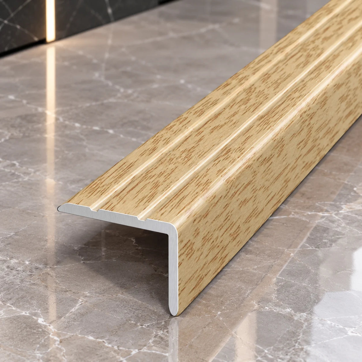 Wood Effect Aluminium Stair Nosing 25x20mm Self-Adhesive in Sandy Oak Color