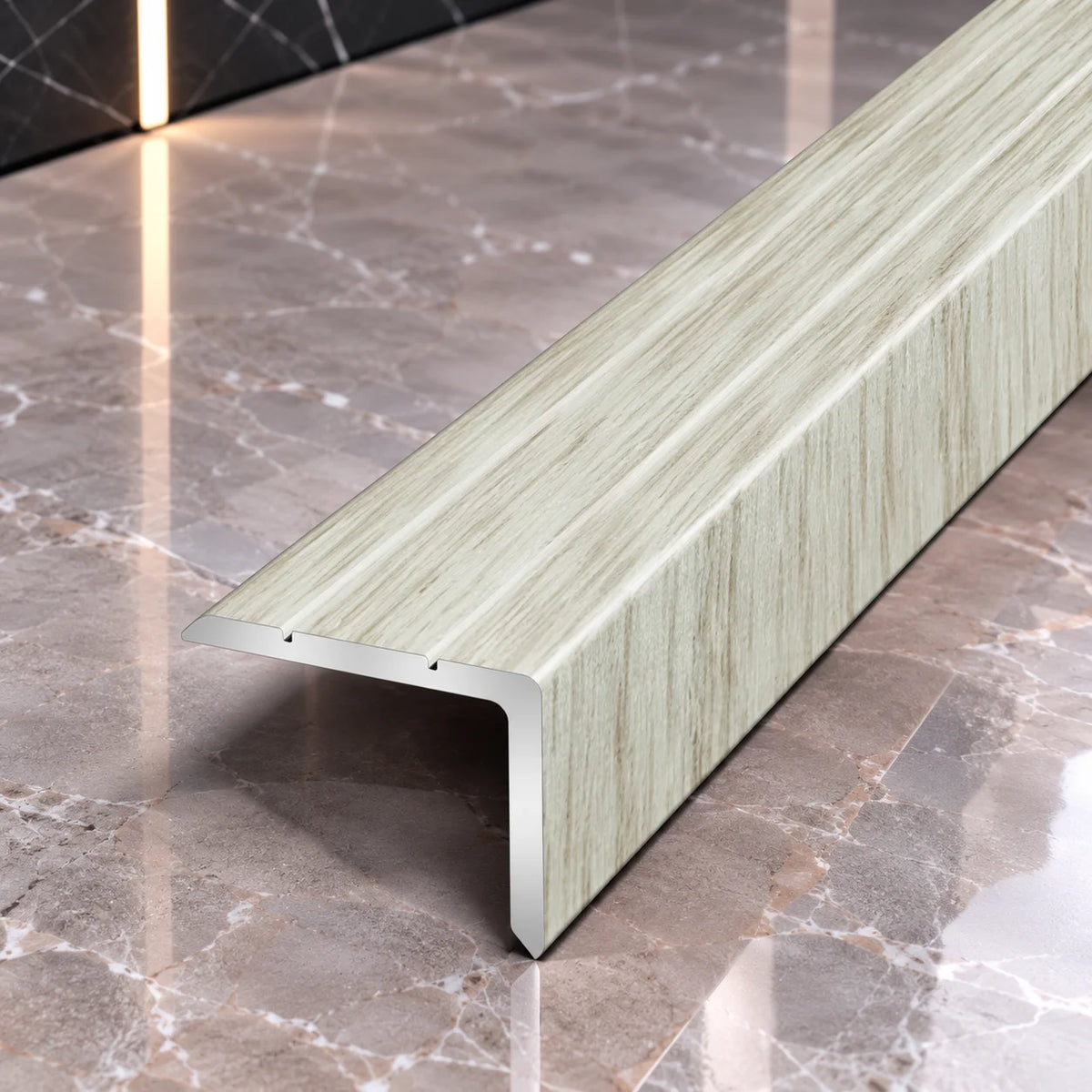 Wood Effect Aluminium Stair Nosing 25x20mm Self-Adhesive in White Oak Color