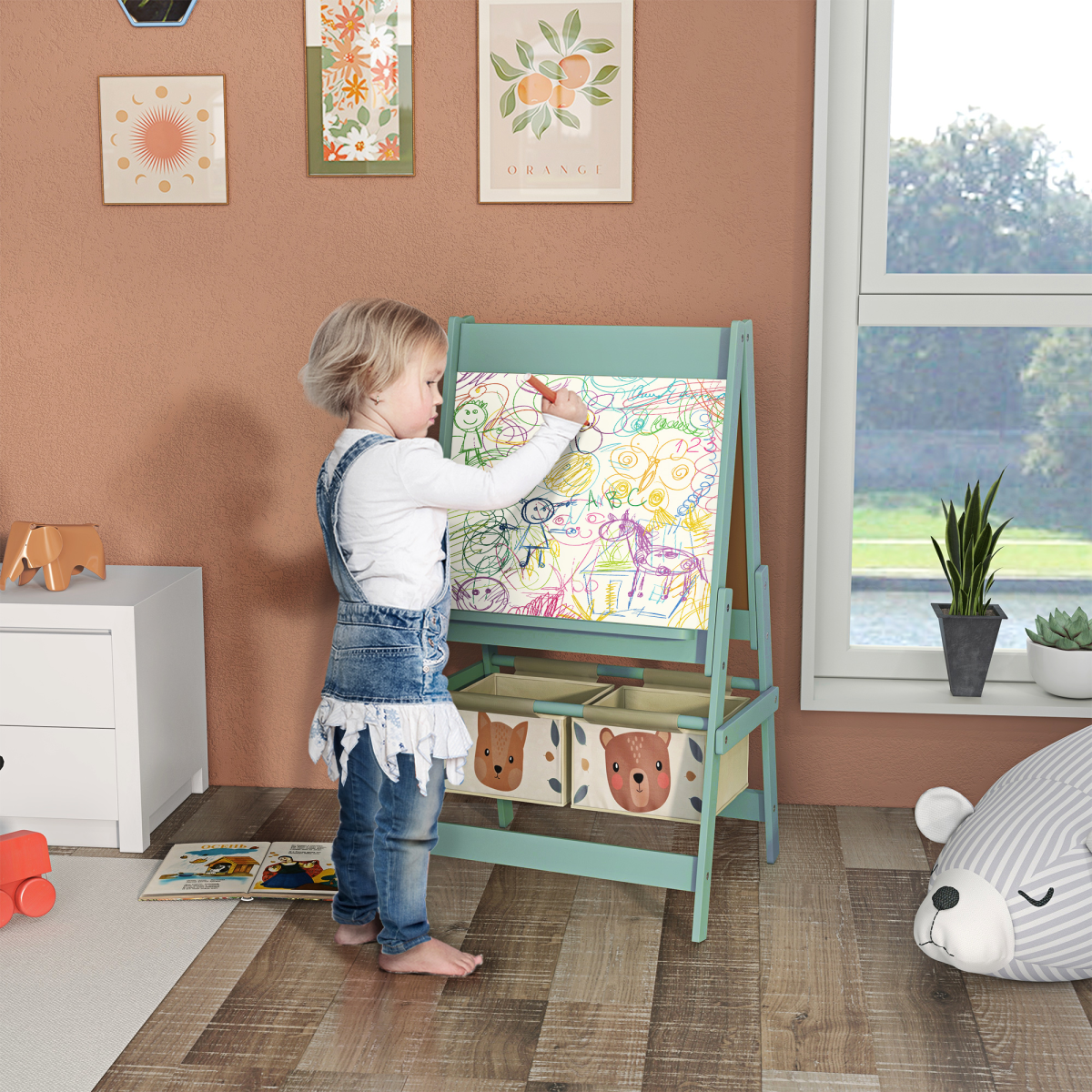 AIYAPLAY Kids Easel with Paper Roll, Blackboard, Whiteboard, Storage, Green