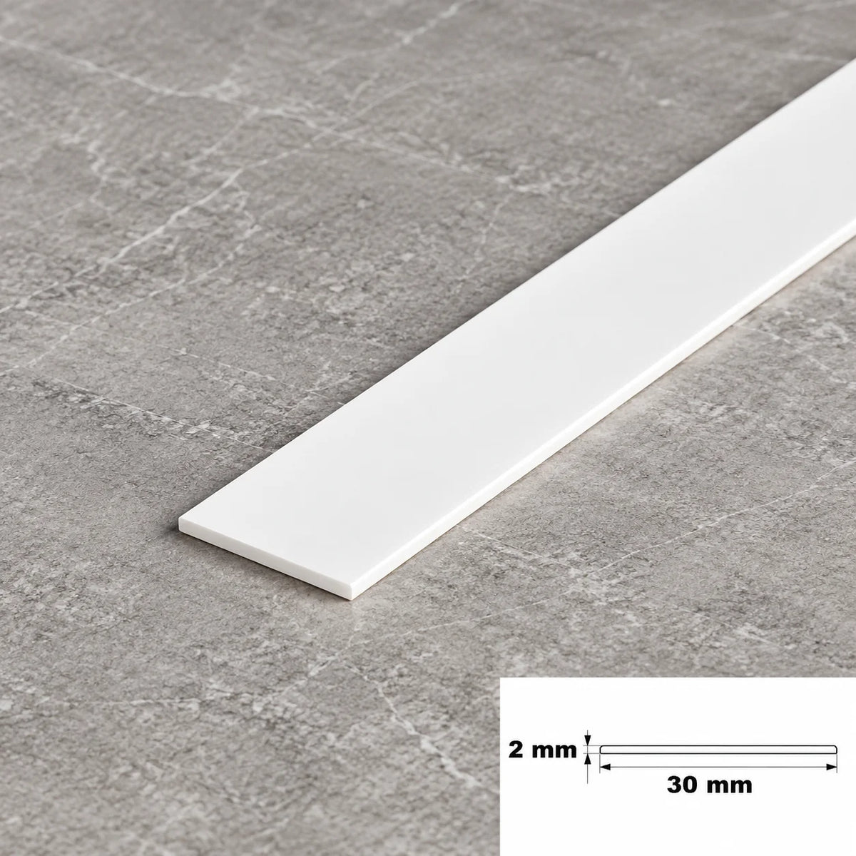 White PVC Plastic Bar Strip Roll Flat Architrave Trim Various Sizes In 30 X 2 MM