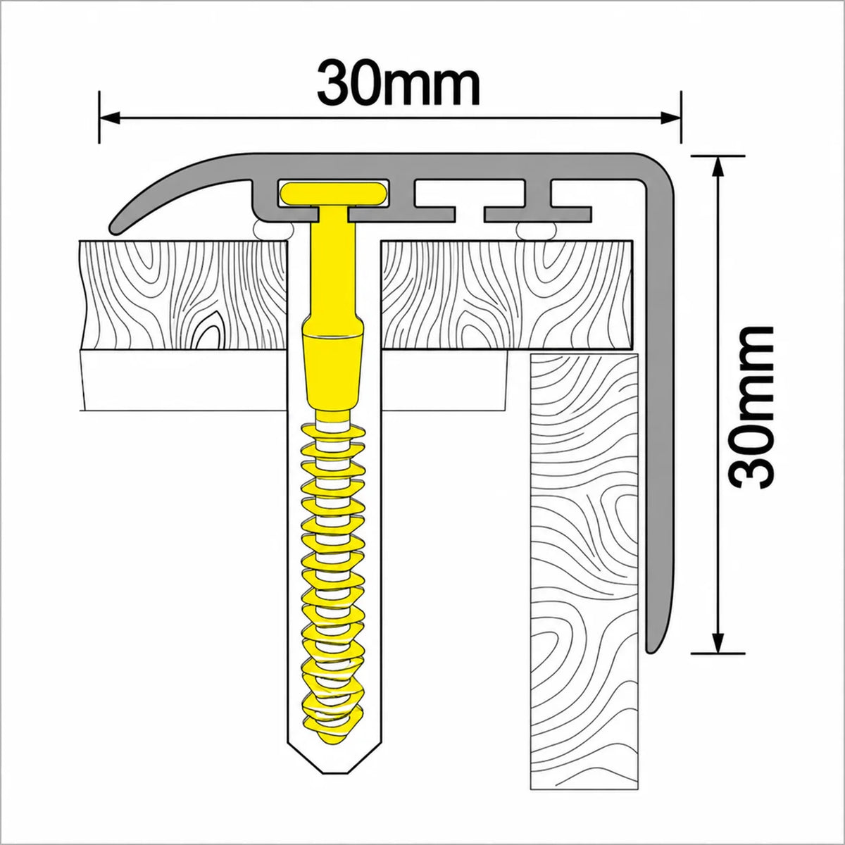 D-K0200 30x30mm Wood Effect PVC Stair Nosing Diagram
