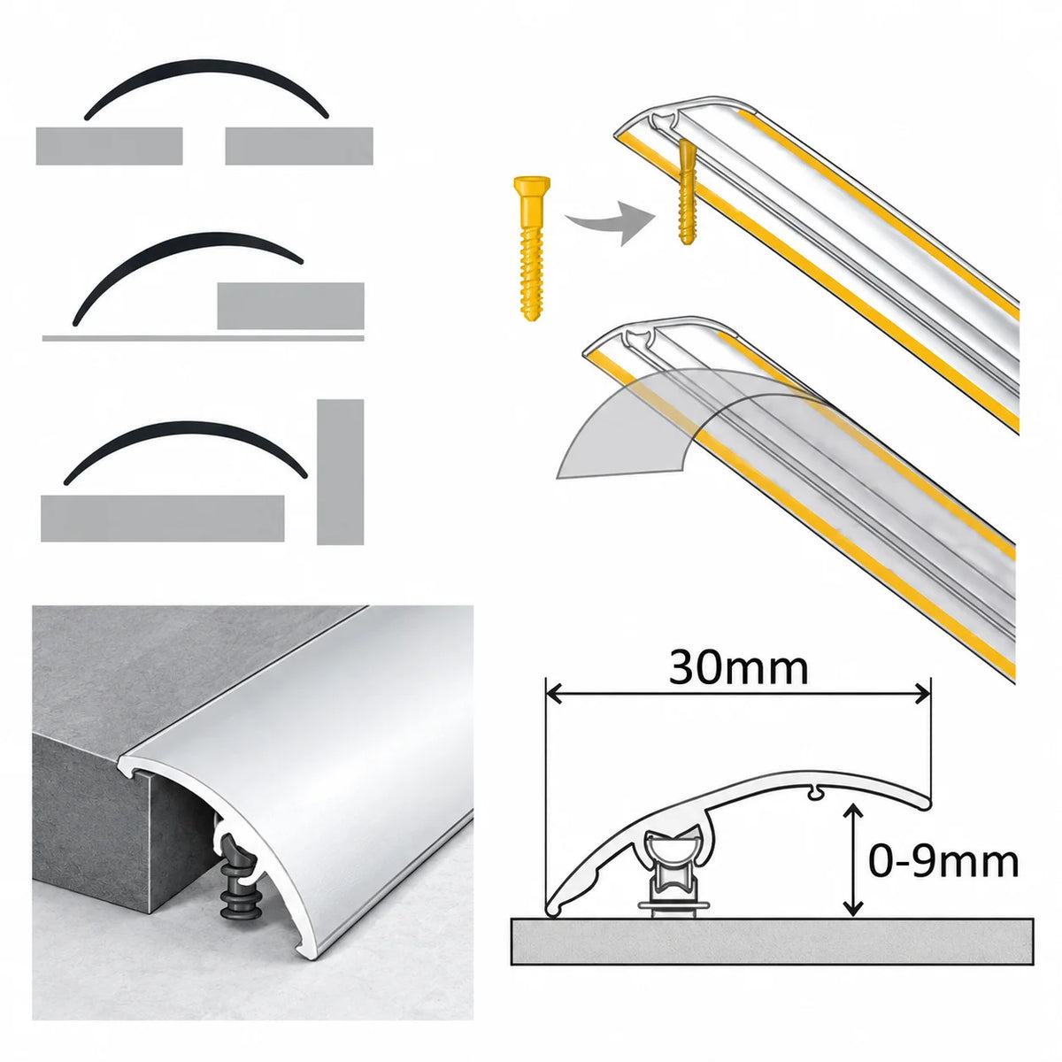 Multi-Purpose 30mm Aluminium Door Threshold Profile for same and varying floor levels