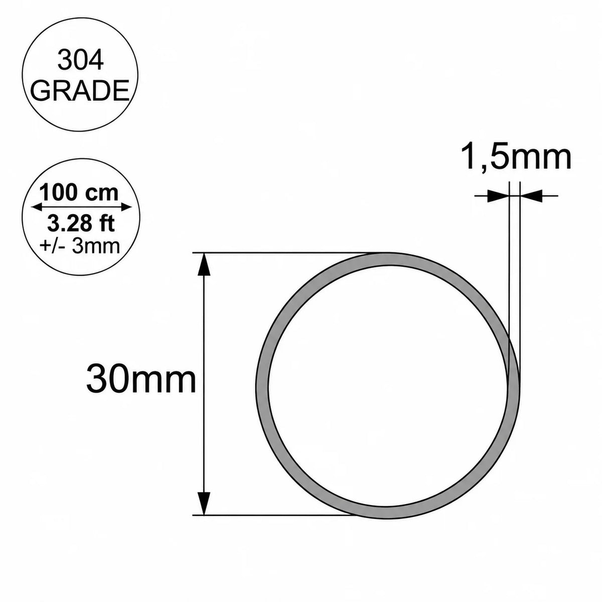 Grade 304 Stainless Steel Round Tube Pipe – 6mm to 40mm 30mm Diagram