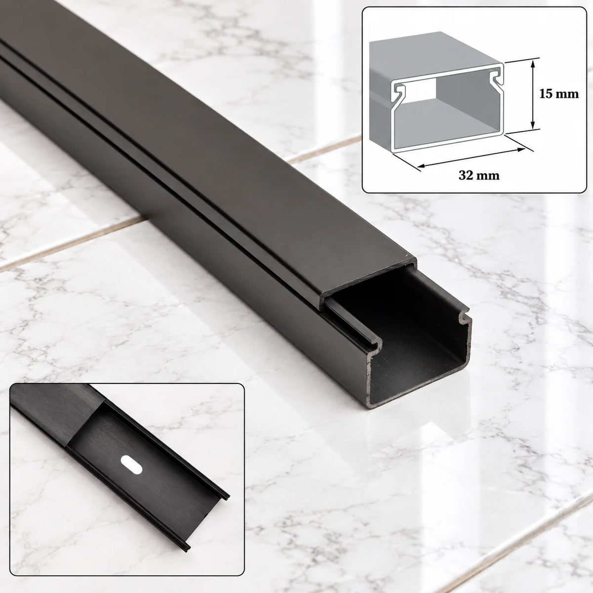 Black PVC Cable Trunking Screw Fix Wire Cover – 1m & 2m Length 32 MM X 15 MM