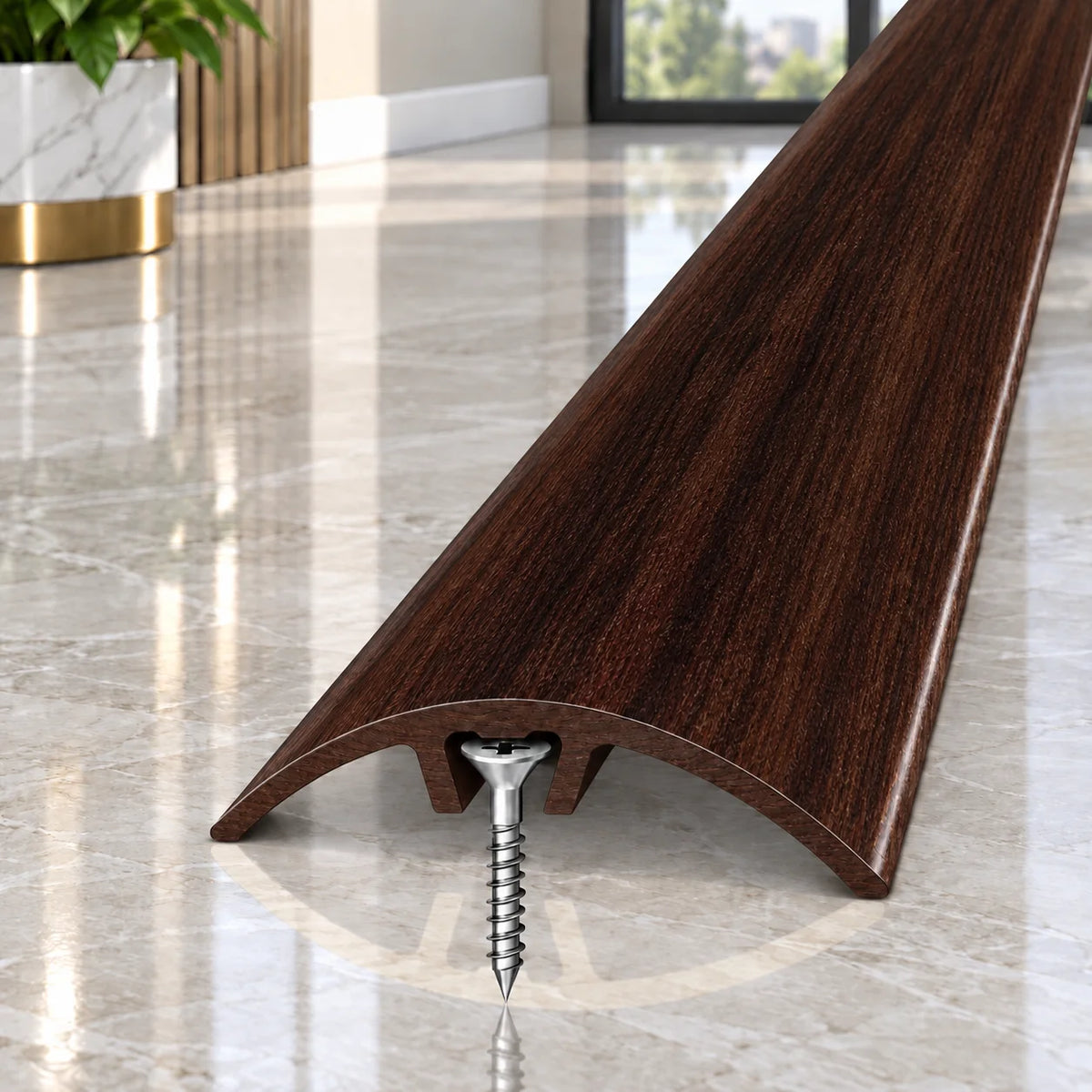 32mm aluminium wood effect floor joining strip designed to protect and cover flooring edges at transition points