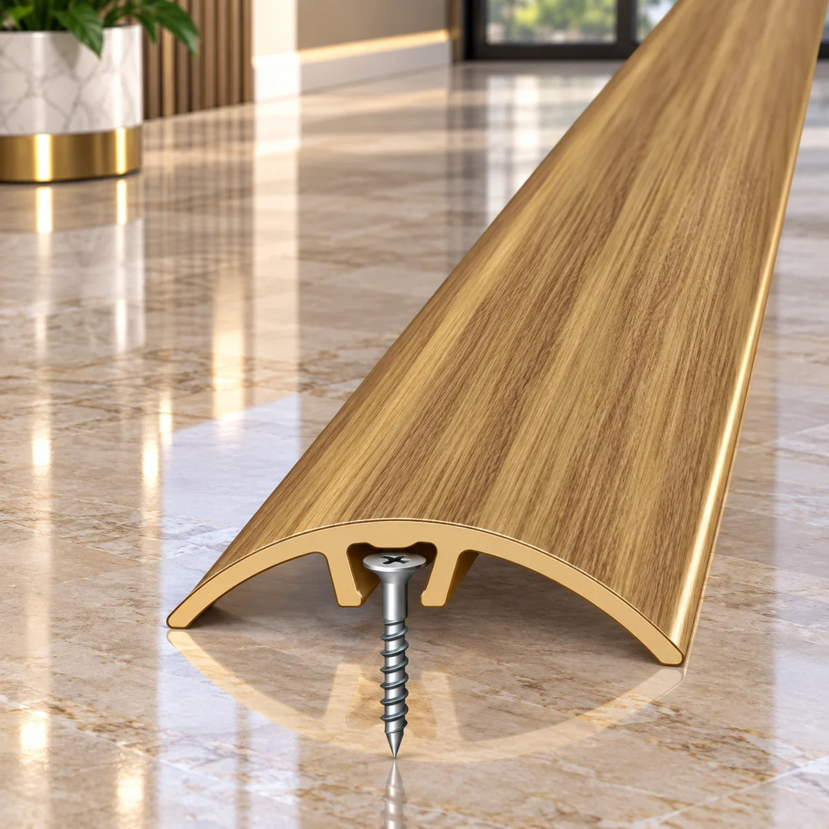 Durable 32mm aluminium wood effect threshold strip for neat floor transitions between adjoining rooms