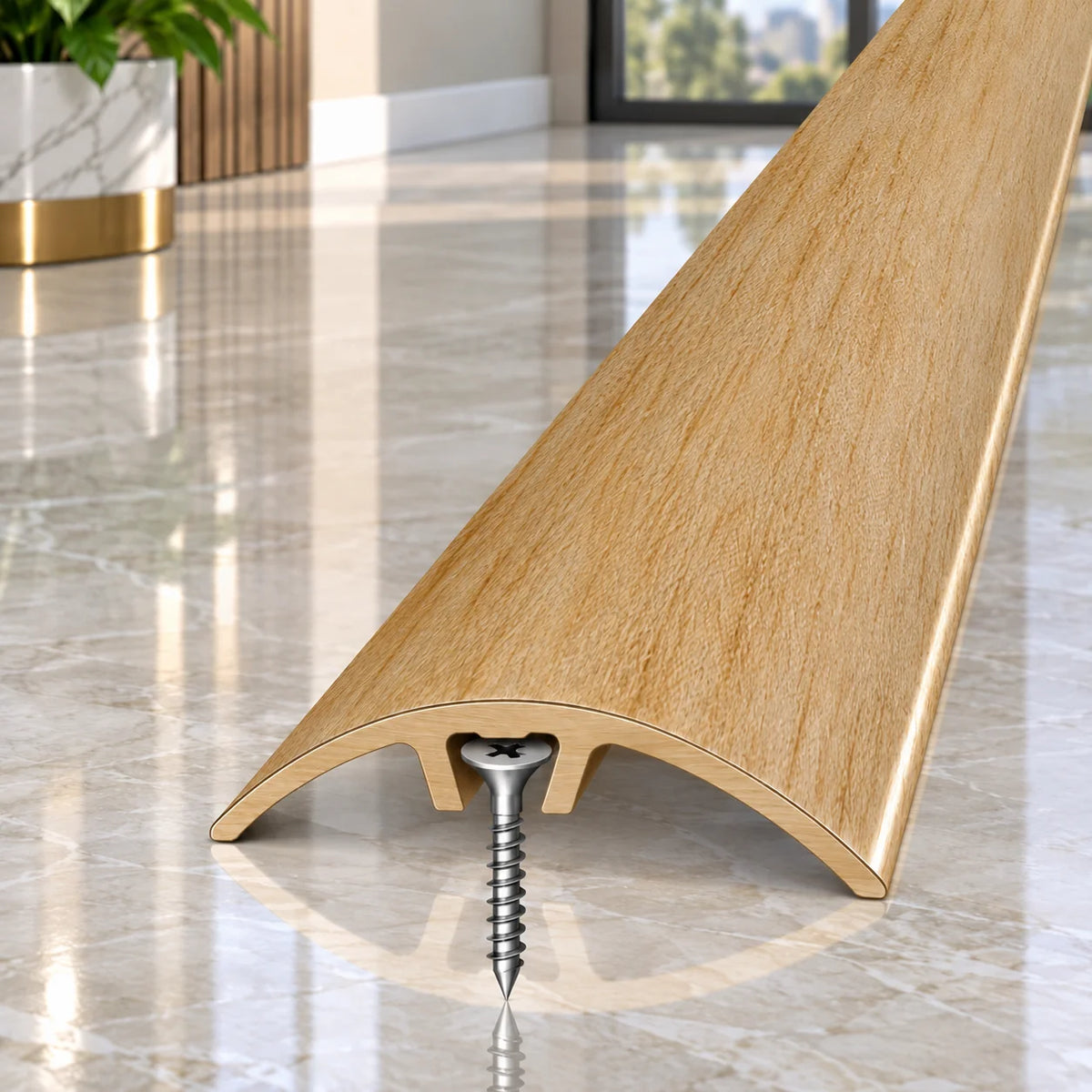Decorative 32mm wood effect aluminium threshold strip for joining flooring across internal doorways