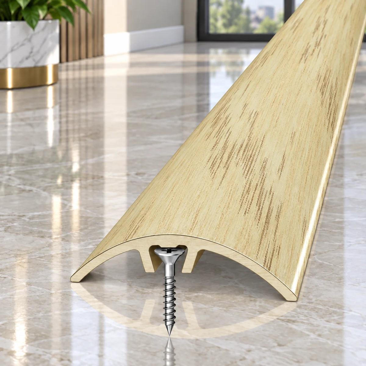 32mm aluminium wood effect floor joining strip designed to protect and cover flooring edges at transition points