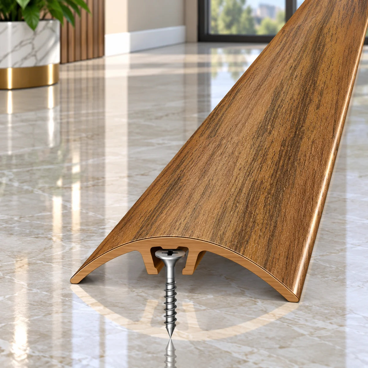 Strong 32mm aluminium wood effect transition bar for covering expansion gaps and joining adjacent floor surfaces