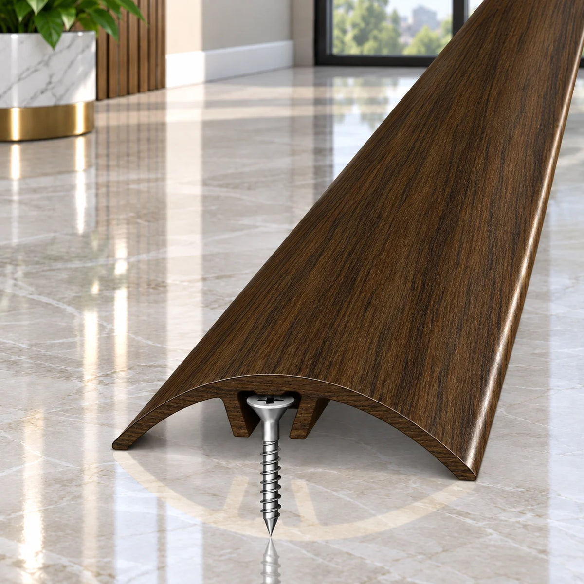 Wood effect 32mm aluminium transition strip for creating a clean and professional finish between floor coverings