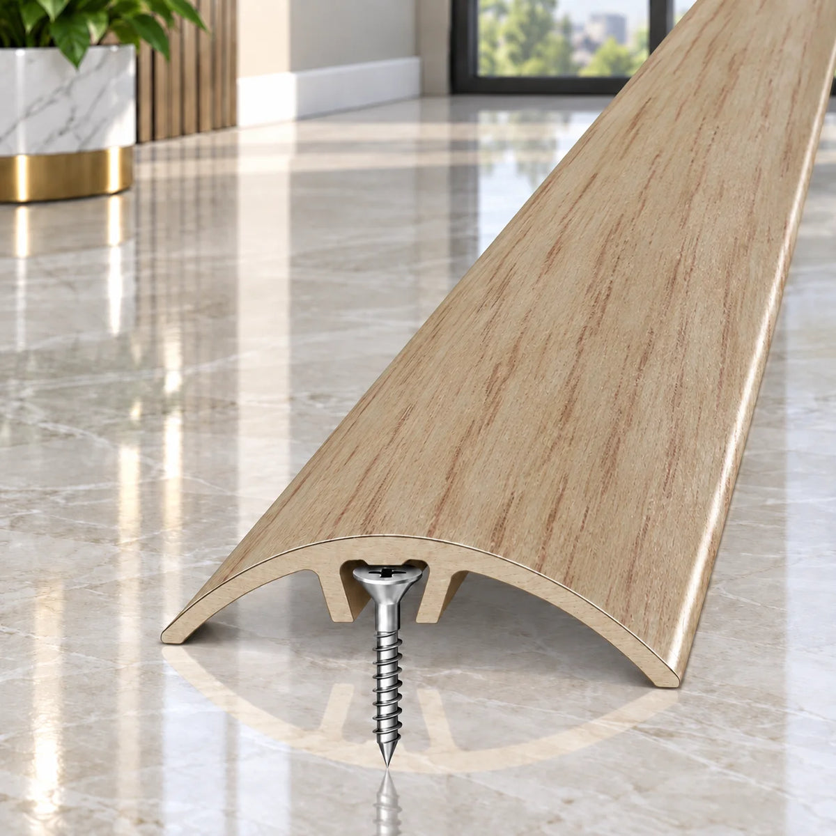 Strong 32mm aluminium wood effect transition bar for covering expansion gaps and joining adjacent floor surfaces