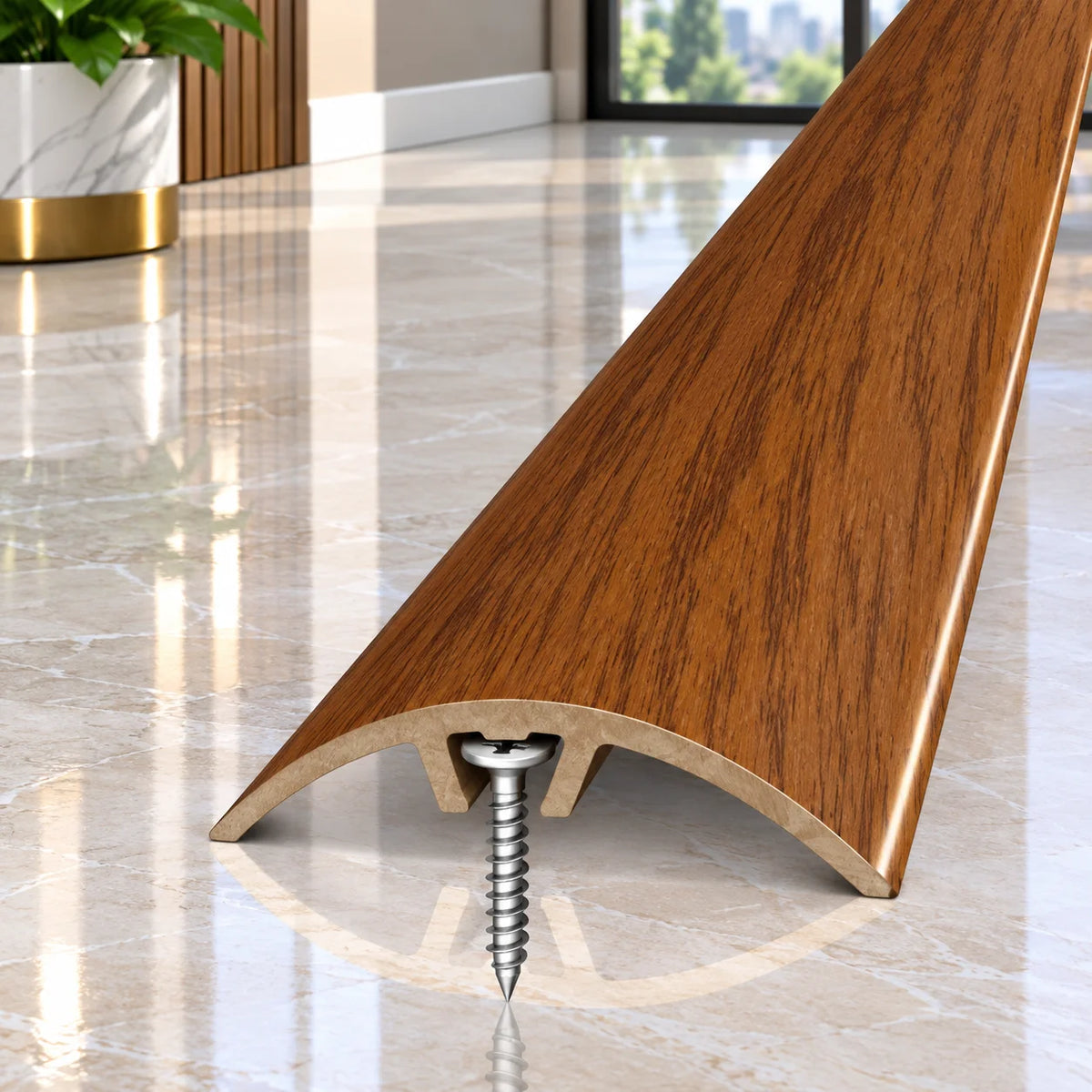 Wood effect 32mm aluminium transition strip for creating a clean and professional finish between floor coverings