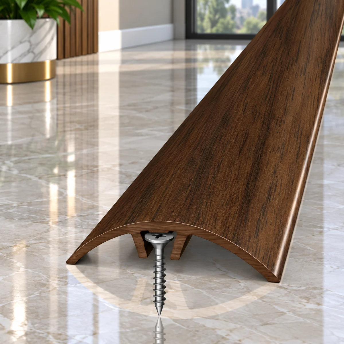 Durable 32mm aluminium wood effect threshold strip for neat floor transitions between adjoining rooms