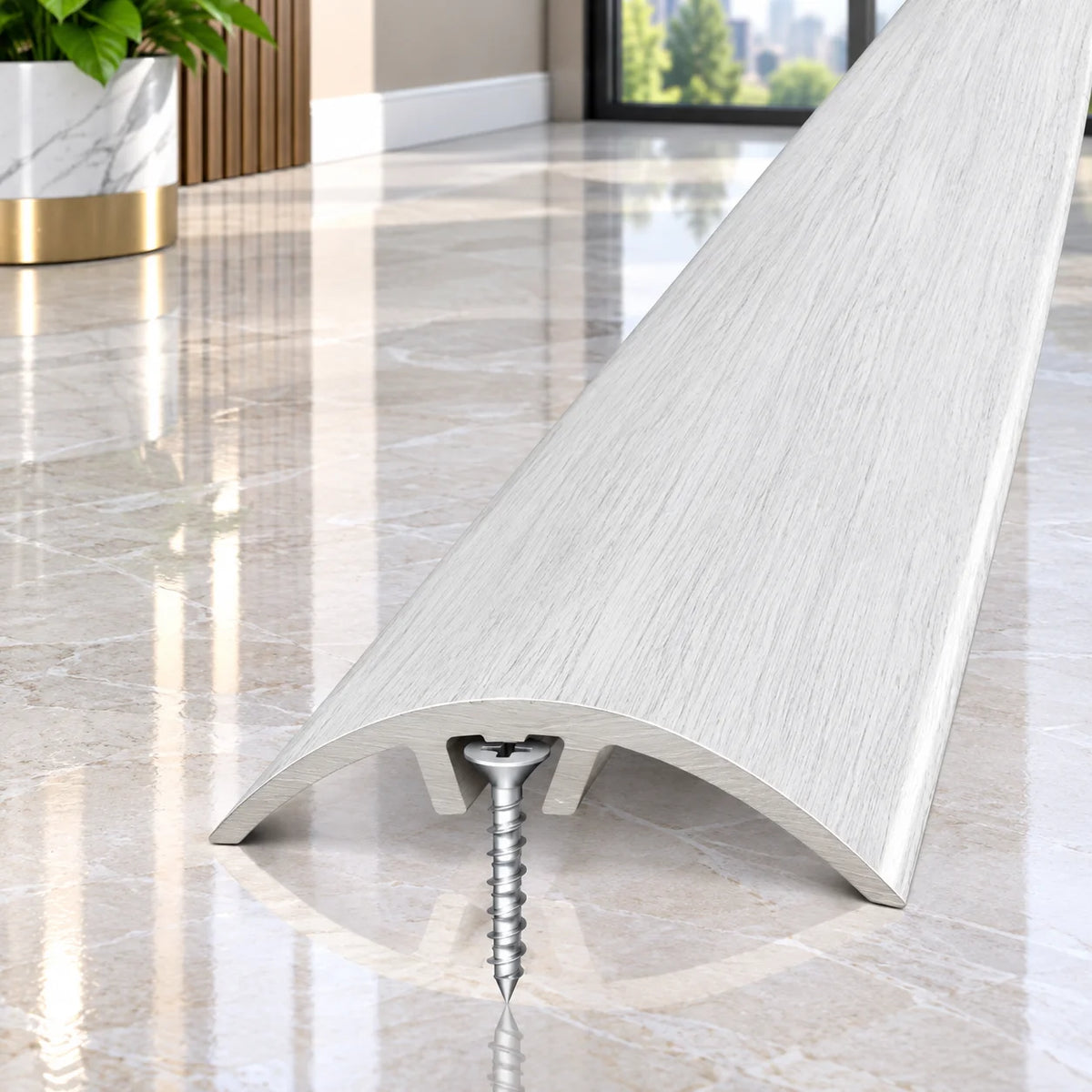 Decorative 32mm wood effect aluminium threshold strip for joining flooring across internal doorways