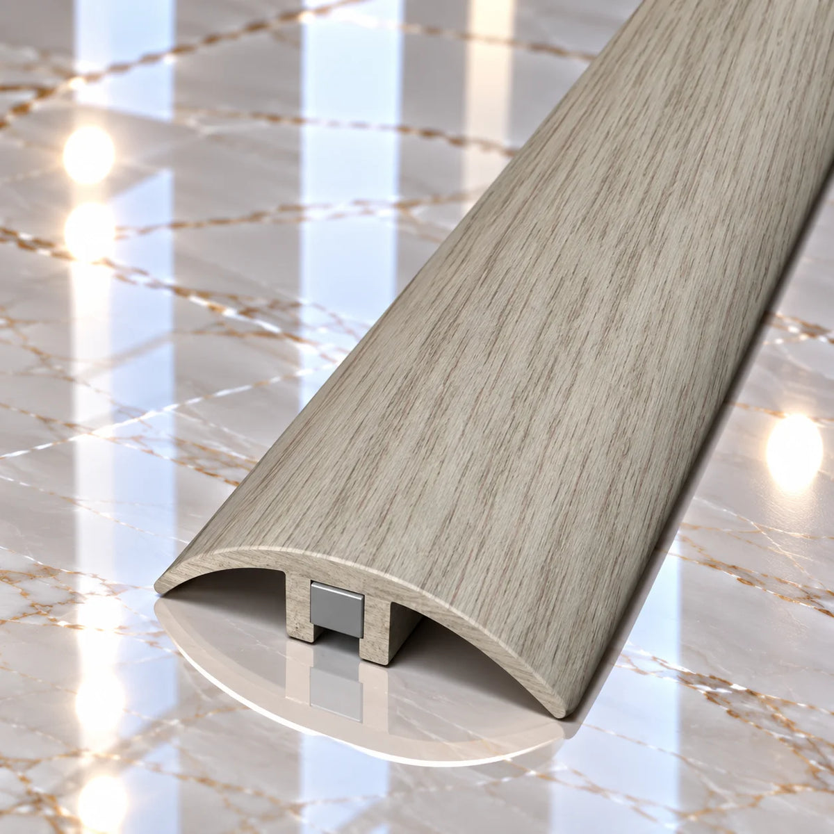 PVC Wood Effect Floor Joining Strip 32mm providing a tidy decorative finish while covering the joint between two floor sections.