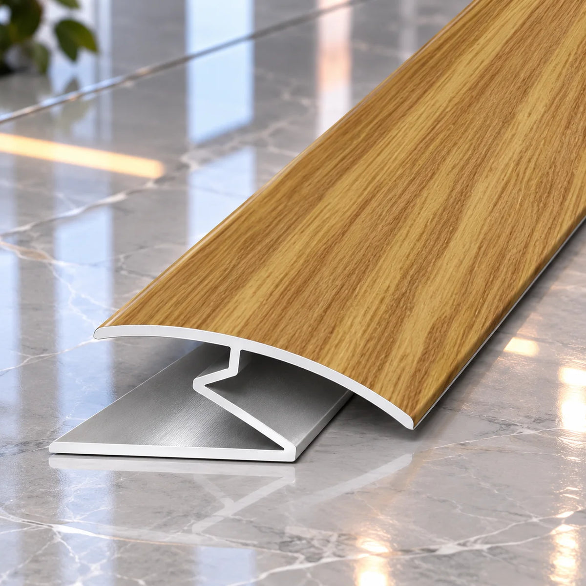 Wood Effect 32mm Aluminium Z Floor Transition Strip providing a clean decorative finish for flooring joints and doorway transitions.