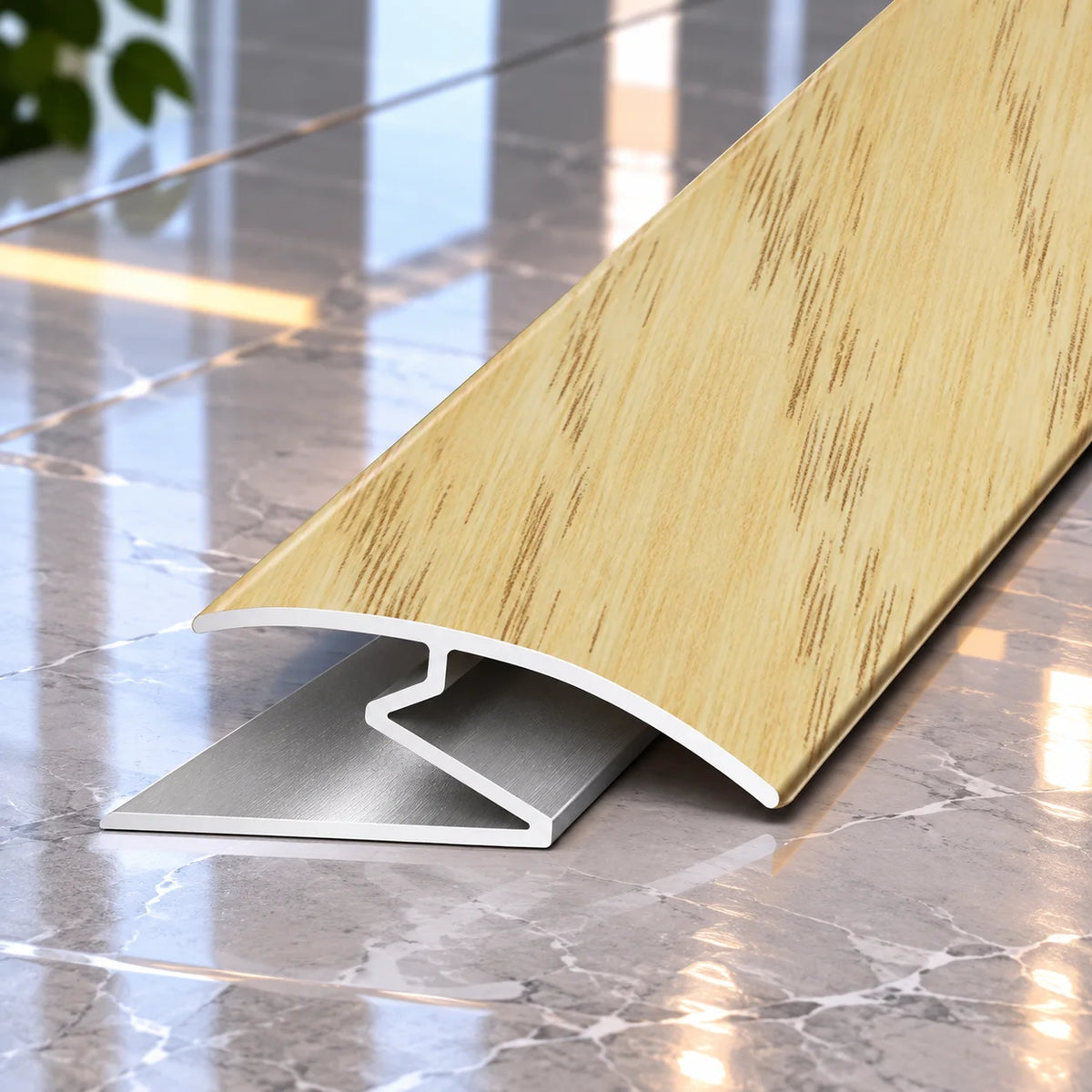 Aluminium 32mm Z Floor Transition Strip in Wood Effect Finish ideal for finishing flooring edges and transitions across internal doorways.