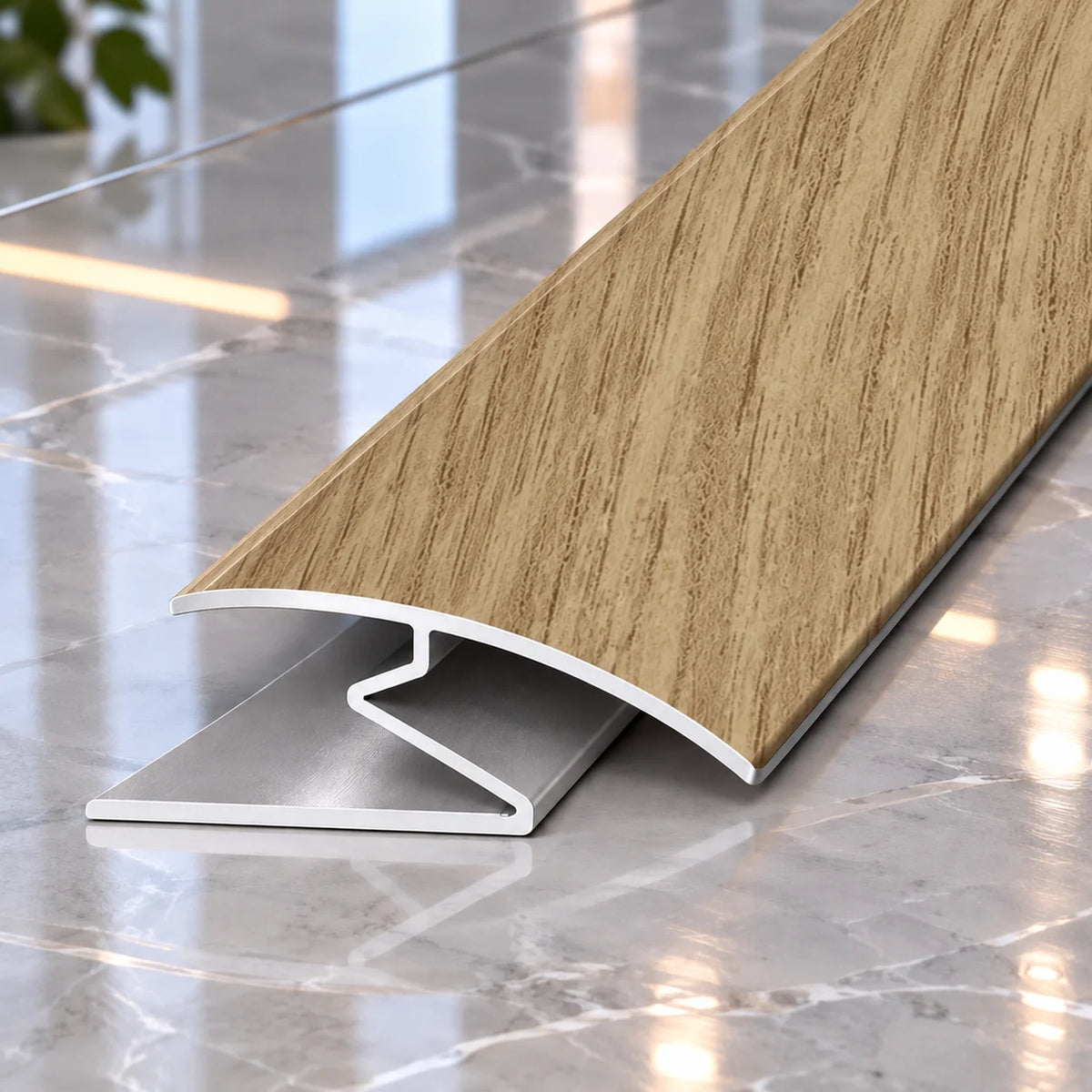 Wood Effect Aluminium Z Flooring Transition Profile 32mm designed to conceal flooring joints while complementing wood and laminate interiors.