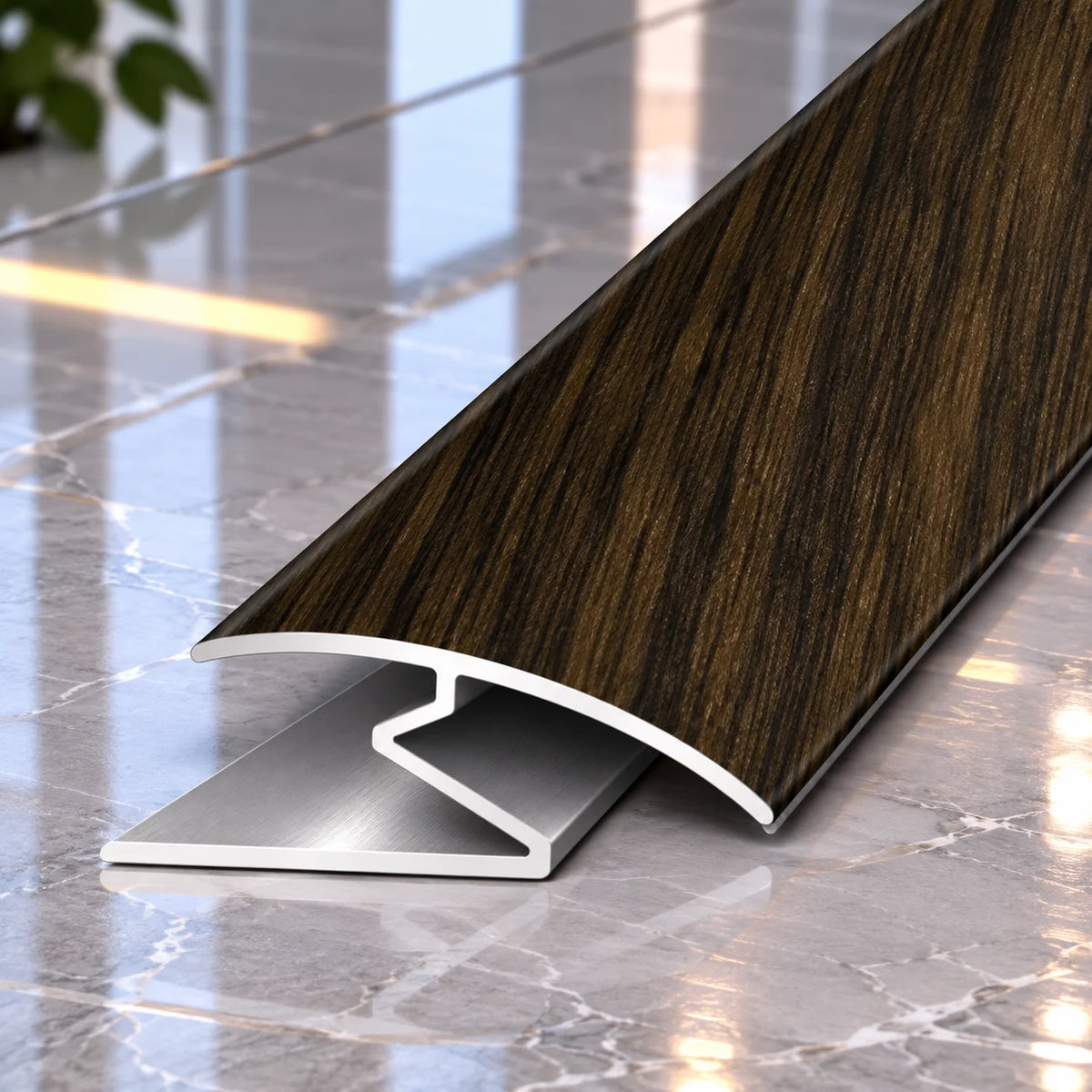 32mm Aluminium Z Doorway Transition Strip with Wood Effect Finish for creating a clean and stylish connection between floor surfaces.