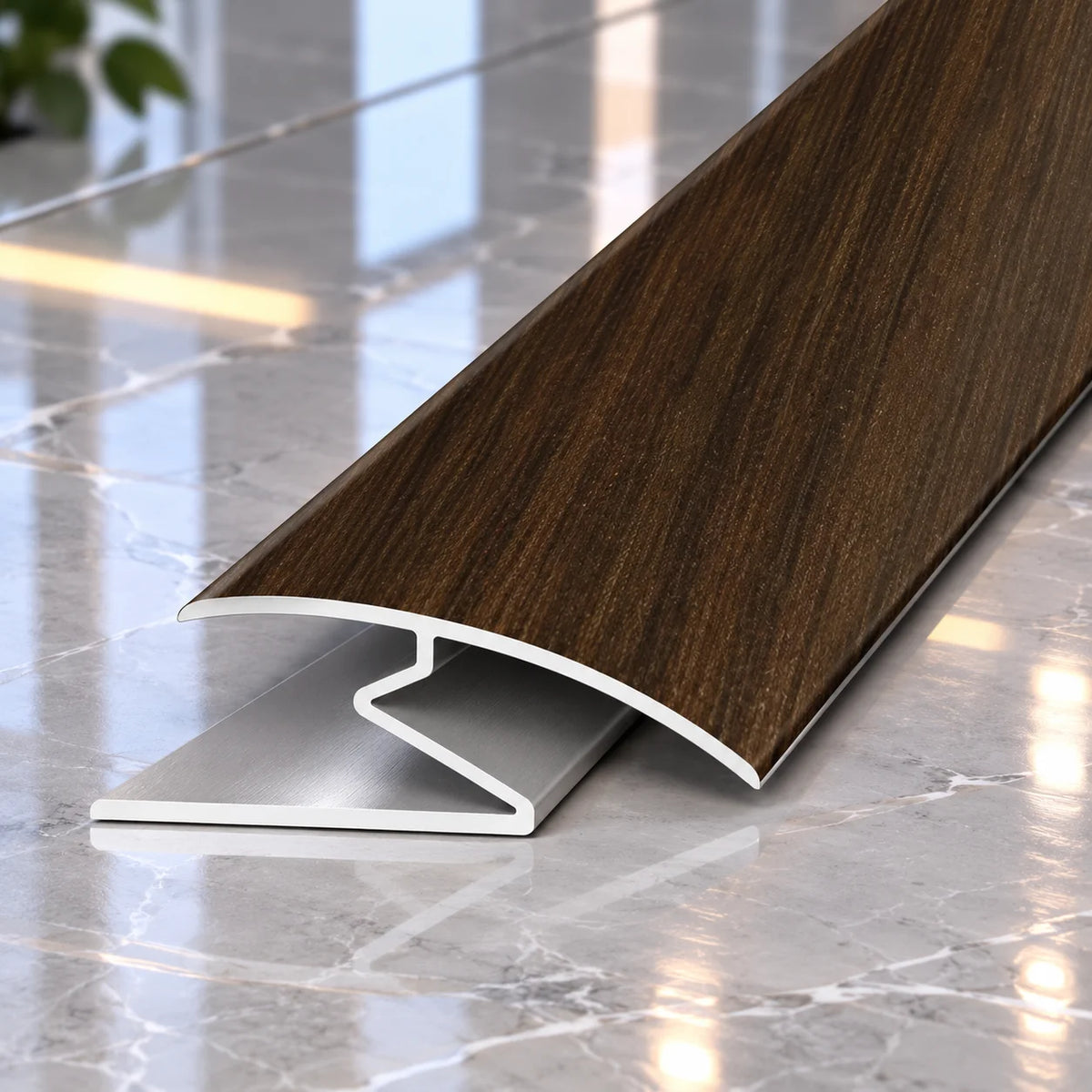Wood Effect 32mm Aluminium Z Floor Transition Strip providing a clean decorative finish for flooring joints and doorway transitions.