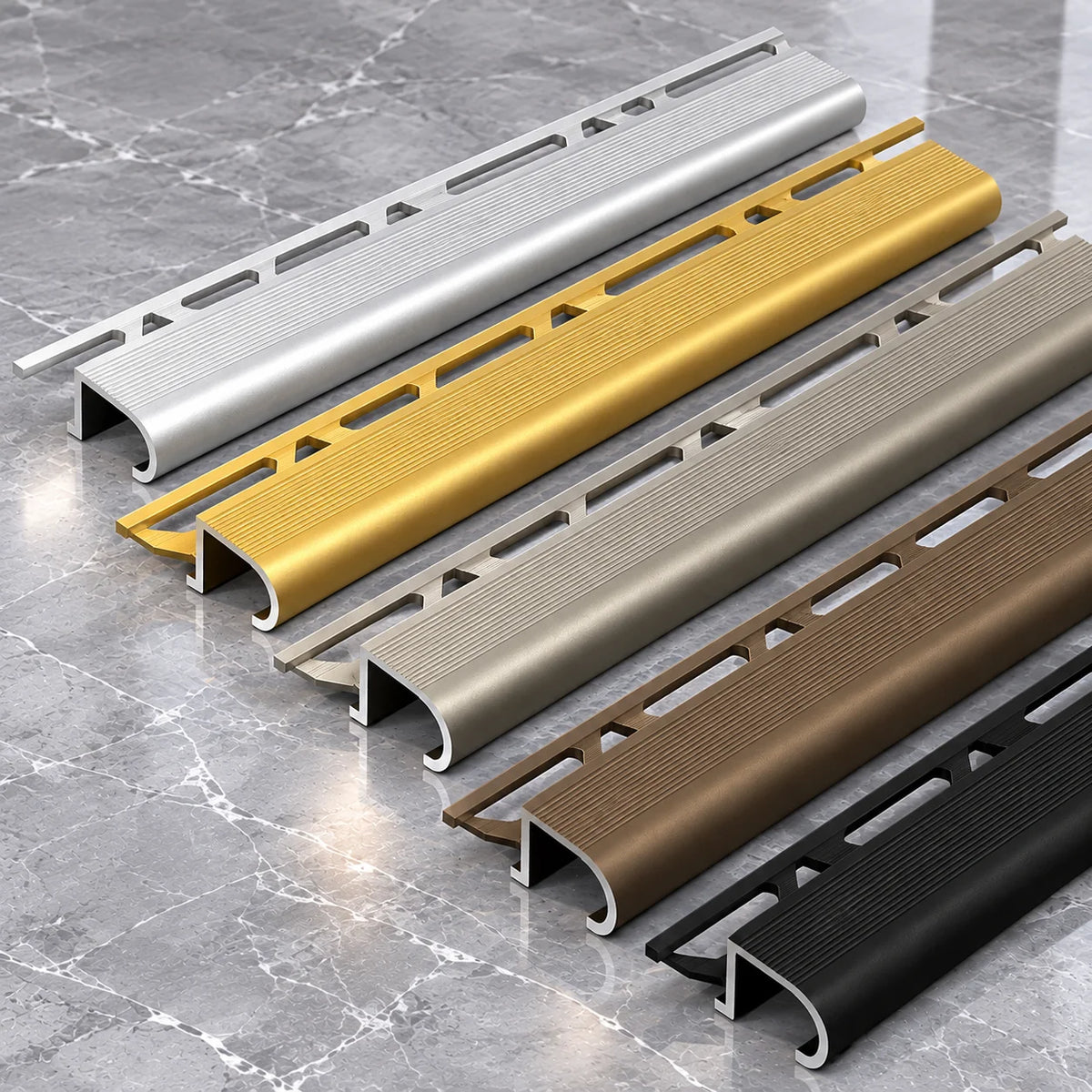 Premium 34x11x10mm Aluminium Tile-In Stair Nosing Profile in 2.5m Length, Designed to Protect Tiled Stair Edges and Provide a Professional Finishing Touch.