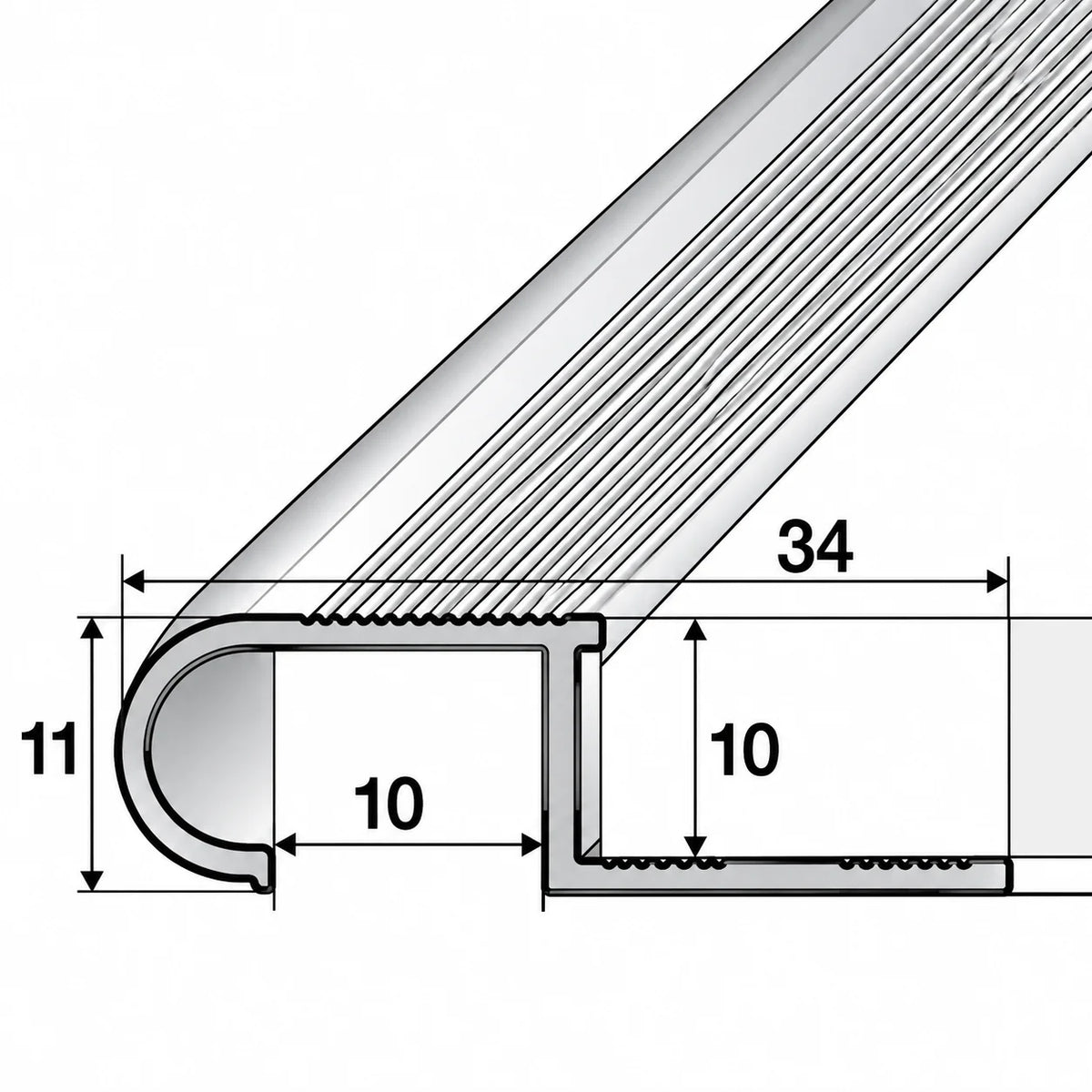 Strong and Lightweight Aluminium Tile-In Stair Nosing Profile, Measuring 34x11x10mm, Ideal for Finishing Newly Tiled Staircases with a Neat and Professional Appearance.