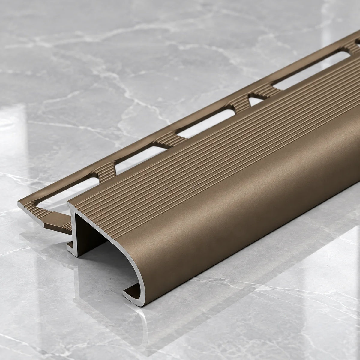 High-Quality 2.5m Aluminium Tile-In Stair Edge Profile with 34x11x10mm Dimensions, Designed for Secure Integration with Tiled Steps and Long-Lasting Edge Protection.