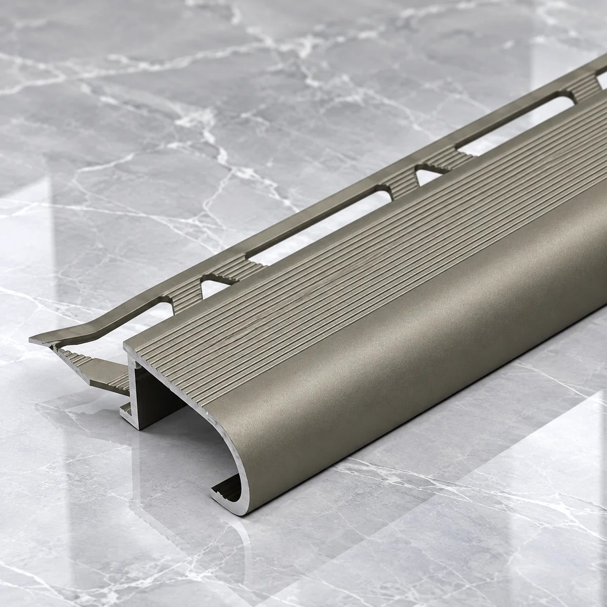 Heavy-Duty 34x11x10mm Aluminium Stair Nosing Edge Trim in 2.5m Length, Suitable for Protecting Exposed Tile Edges Against Everyday Wear and Accidental Damage.