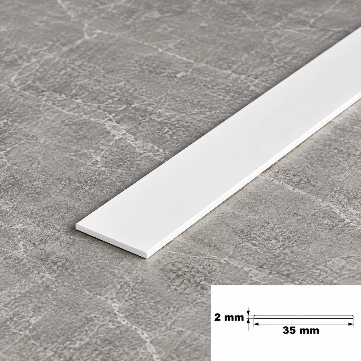 White PVC Plastic Bar Strip Roll Flat Architrave Trim Various Sizes In 35 X 2 MM