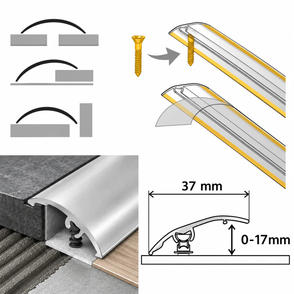 Aluminium 4-in-1 threshold strip for neat and secure doorway floor transitions