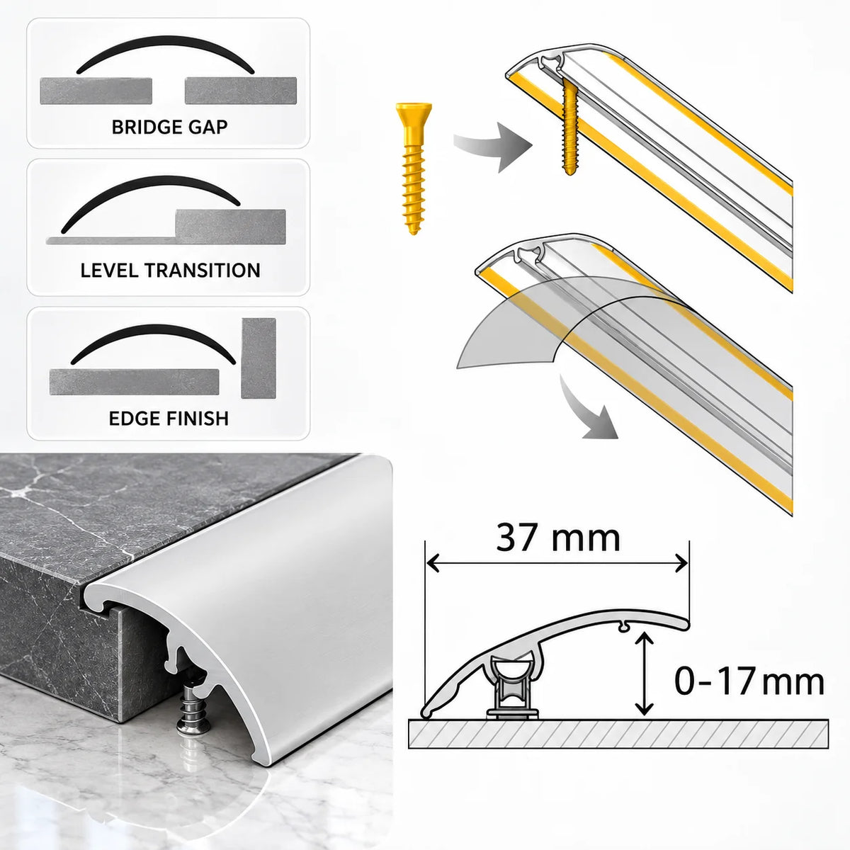 Adjustable 37mm 4-in-1 Aluminium Flooring Transition Profile suitable for connecting floors with different levels and surface types.