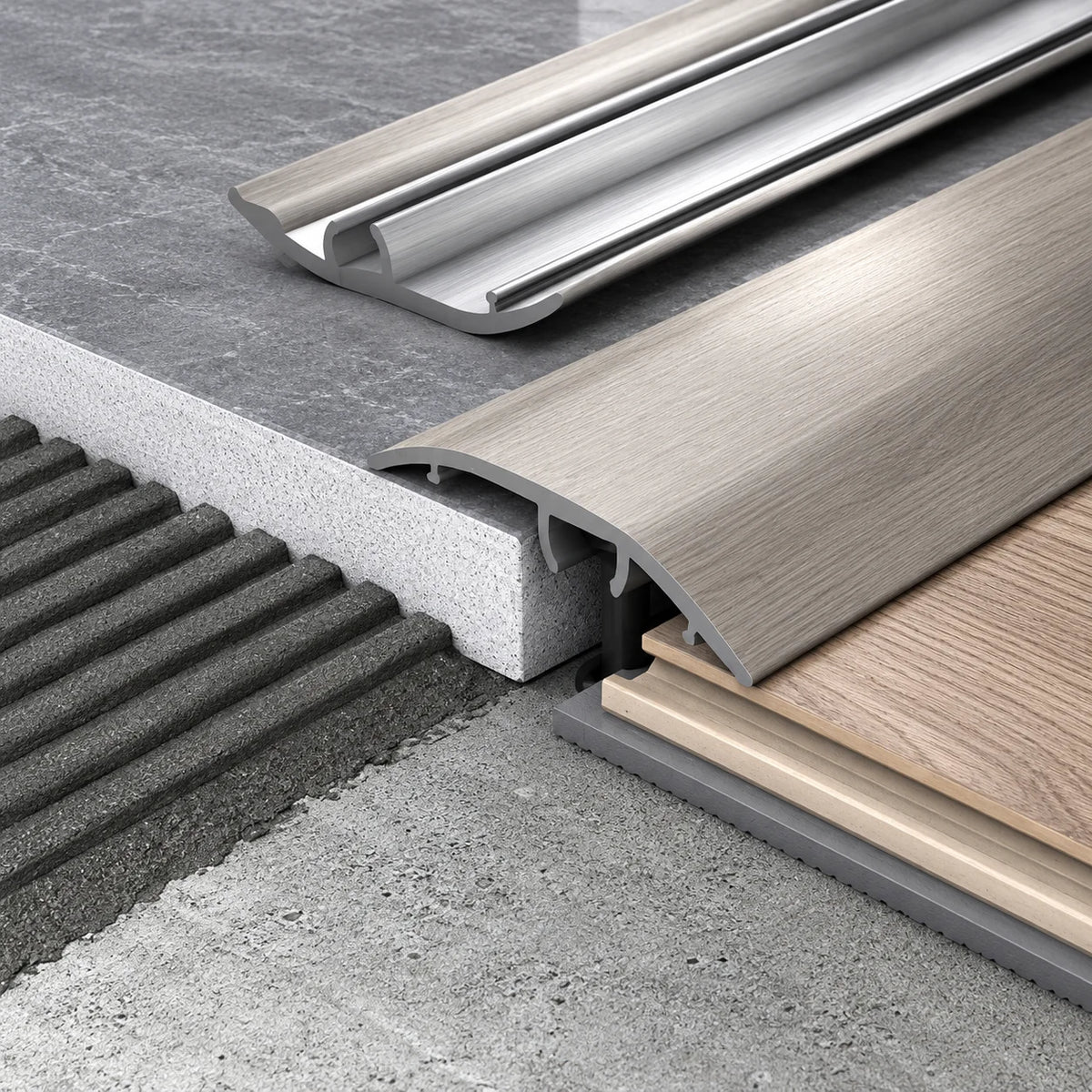 37mm Aluminium Adjustable Multi-Purpose Floor Transition Profile designed for a neat connection between adjoining floor coverings.