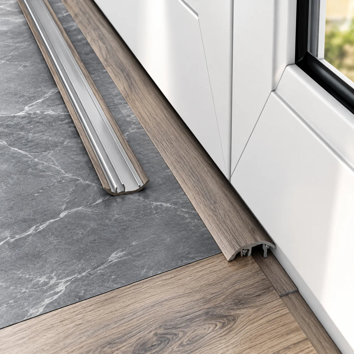 Wood effect aluminium threshold bar 37mm for doorways and flooring transitions