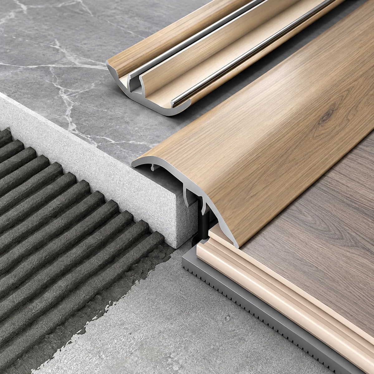 37mm 4-in-1 door threshold trim with realistic wood effect aluminium finish
