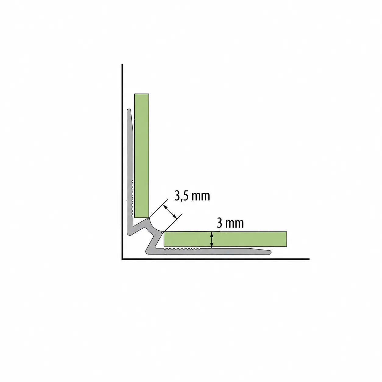 3mm Aluminium Stair Nosing Inner Corner Diagram