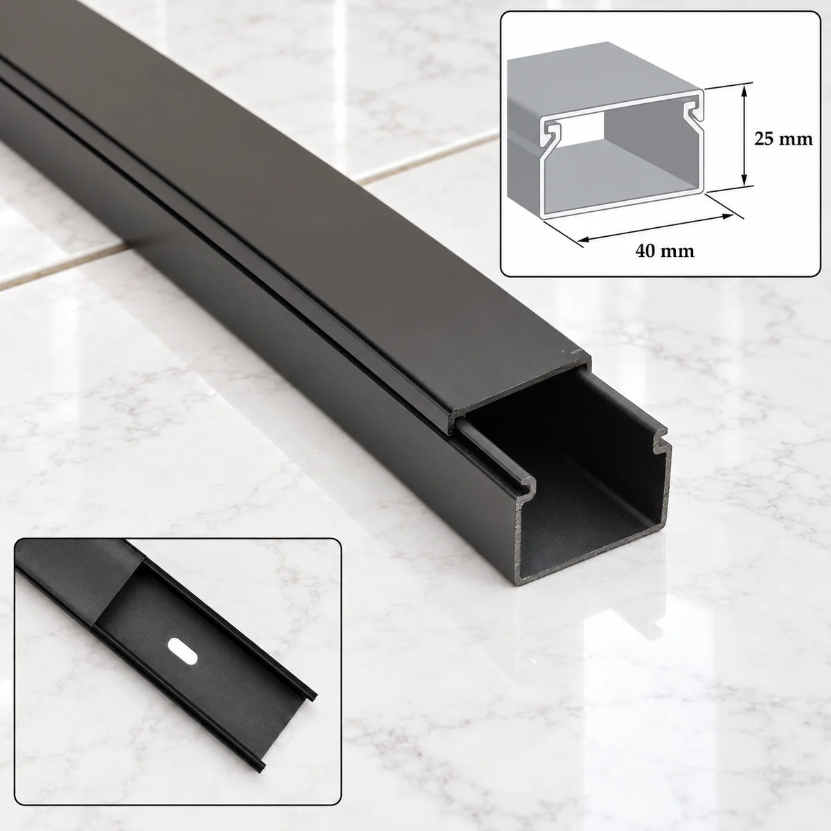 Black PVC Cable Trunking Screw Fix Wire Cover – 1m & 2m Length 40 MM X 25 MM