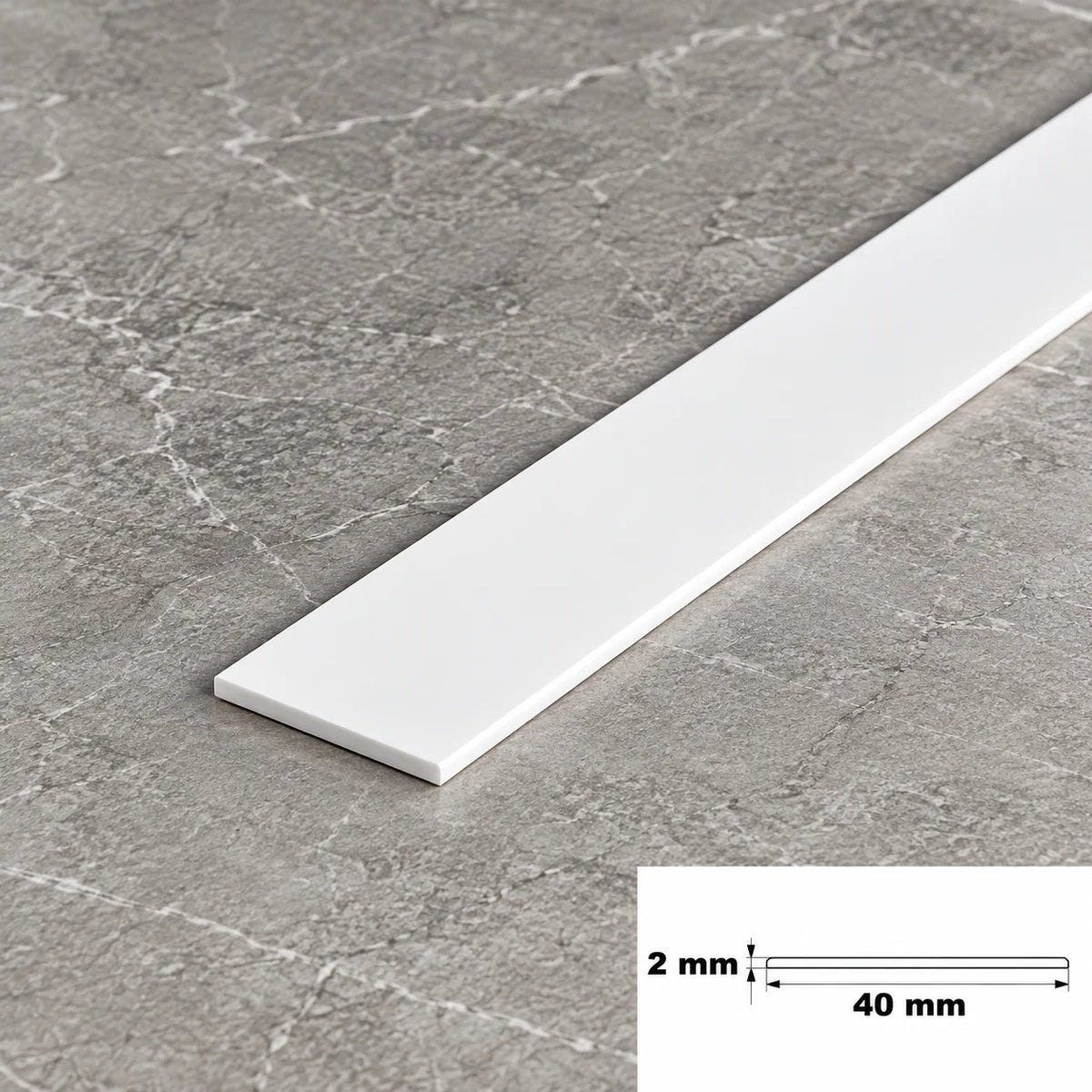 White PVC Plastic Bar Strip Roll Flat Architrave Trim Various Sizes In 40 X 2 MM