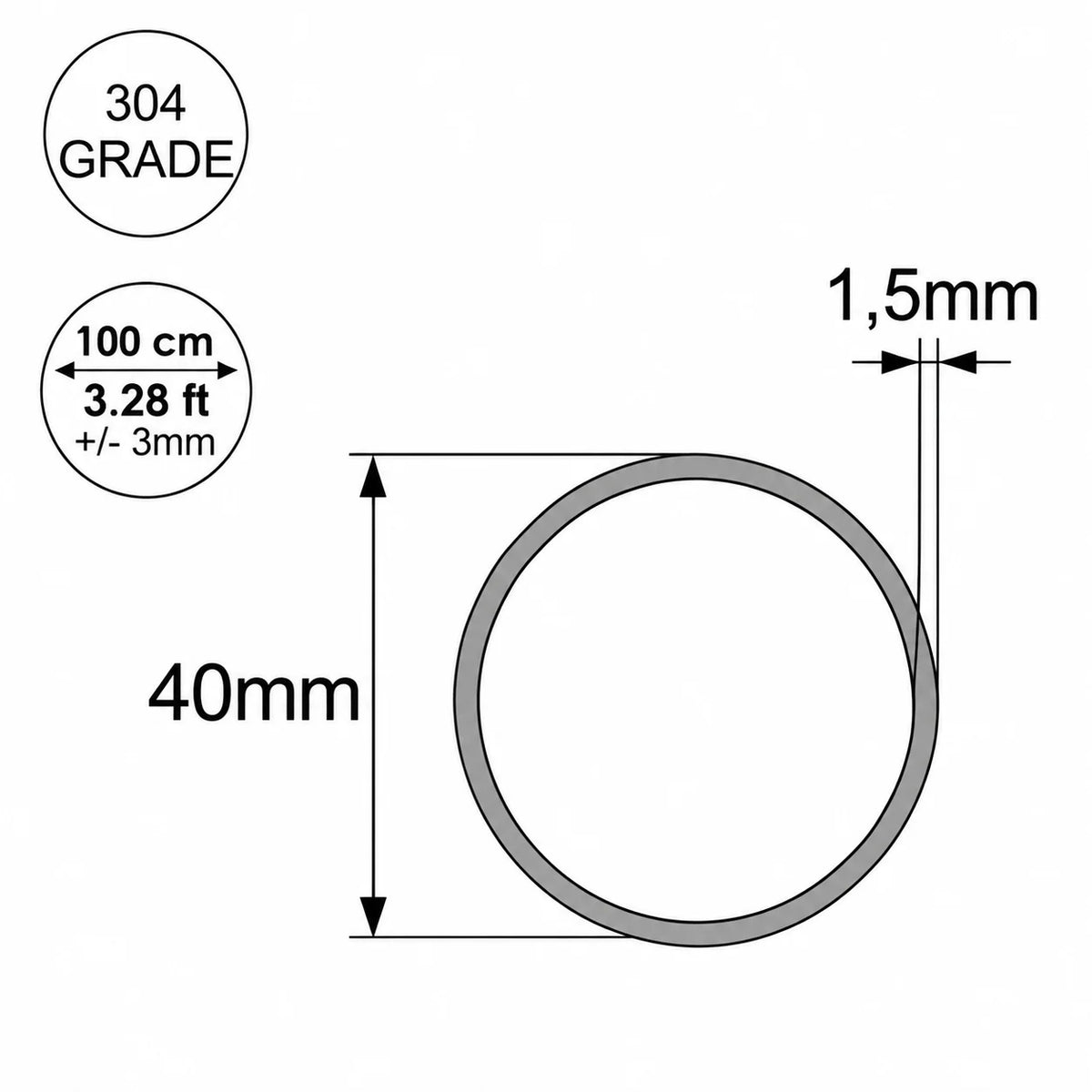 Grade 304 Stainless Steel Round Tube Pipe – 6mm to 40mm 40mm Diagram