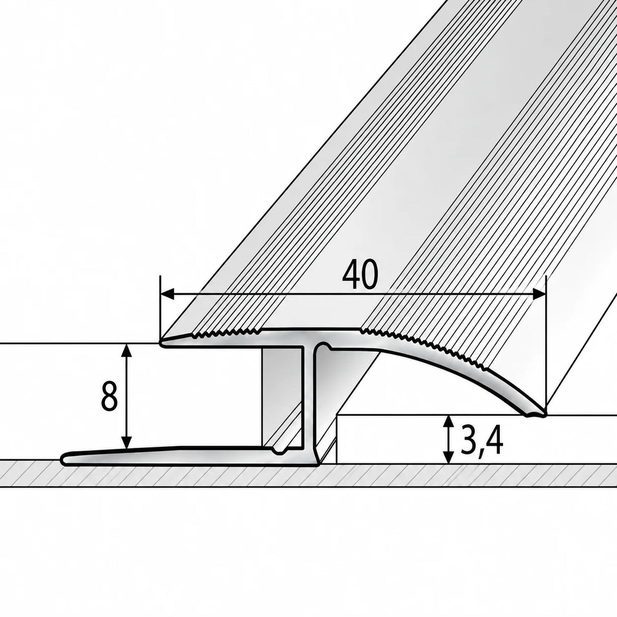 Side profile of 40mm wood effect aluminium floor threshold trim showing its protective edge design and realistic wood grain surface.