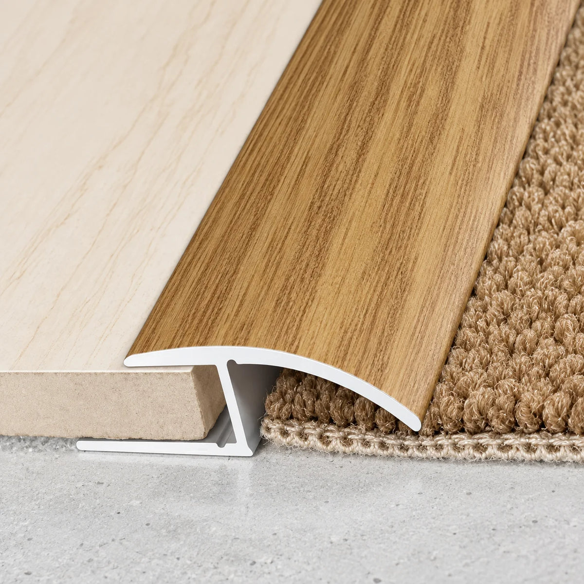 Heavy-duty 40mm wood effect aluminium transition profile combining durable metal construction with an attractive natural timber appearance.