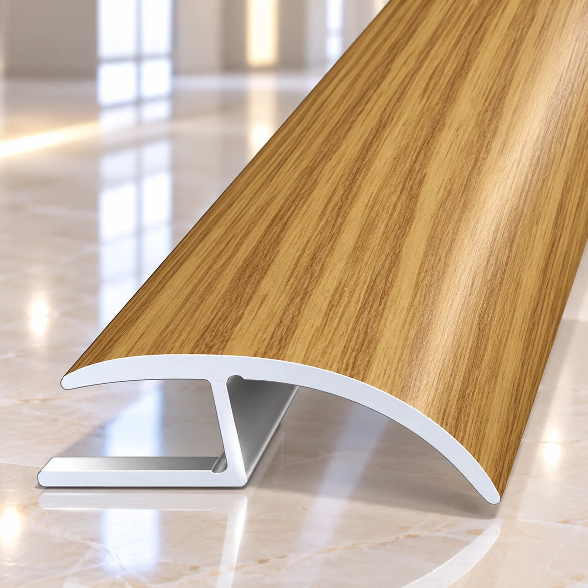Durable wood effect aluminium threshold profile with a 40mm width, offering stylish floor joint coverage and long-lasting edge protection.